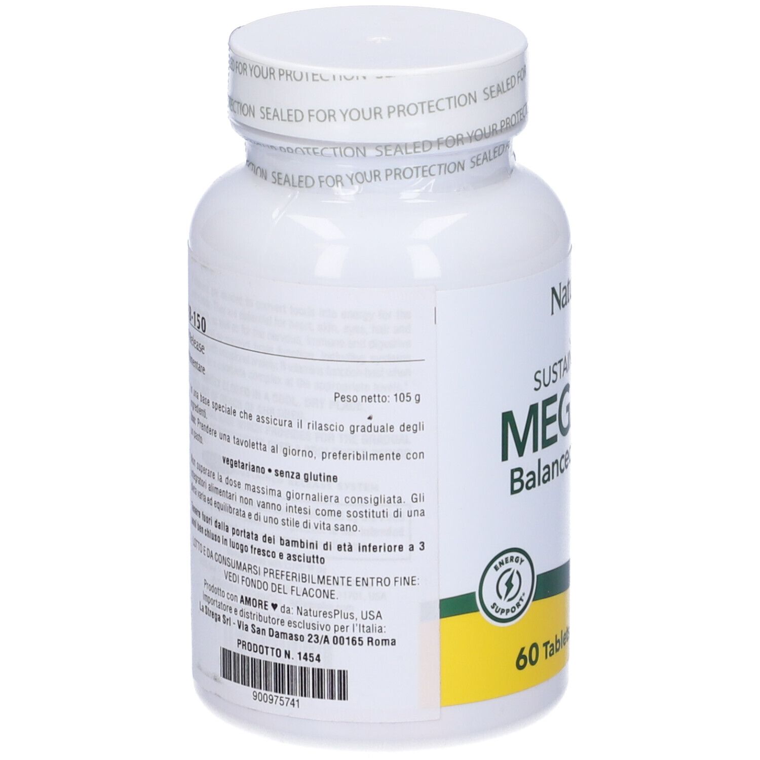 Flacone bianco con etichetta. Scritta: Mega B-150. Testo sul retro. Marchio: NaturesPlus.