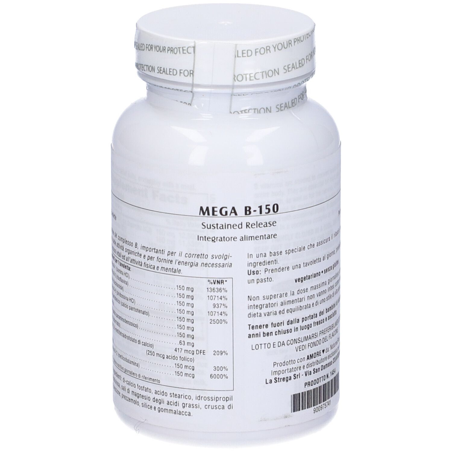 Flacone bianco con etichetta. Scritta: Mega B-150. Testo sul retro. Marchio: NaturesPlus.