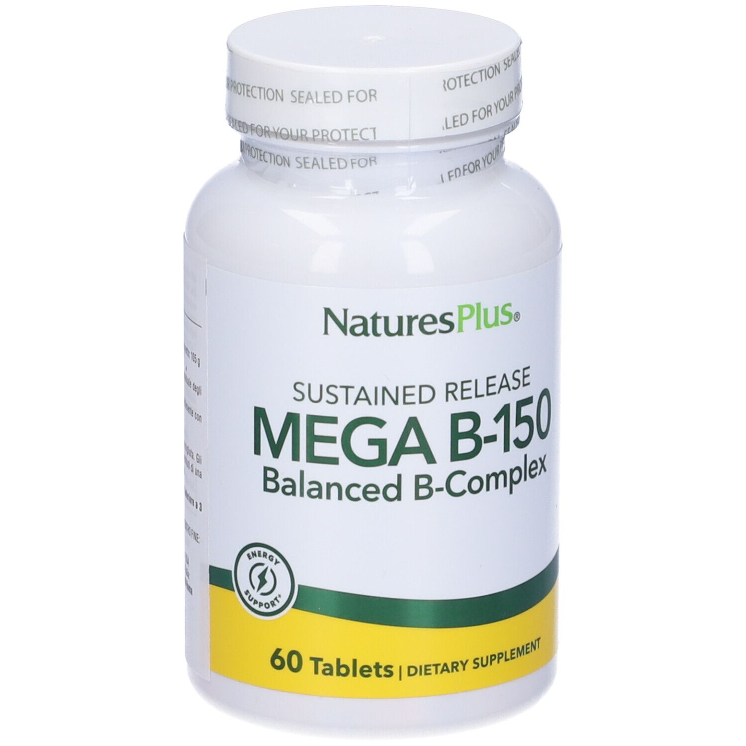 Flacone bianco con etichetta giallo-verde. Scritta: Mega B-150, 60 compresse. Marchio: NaturesPlus.