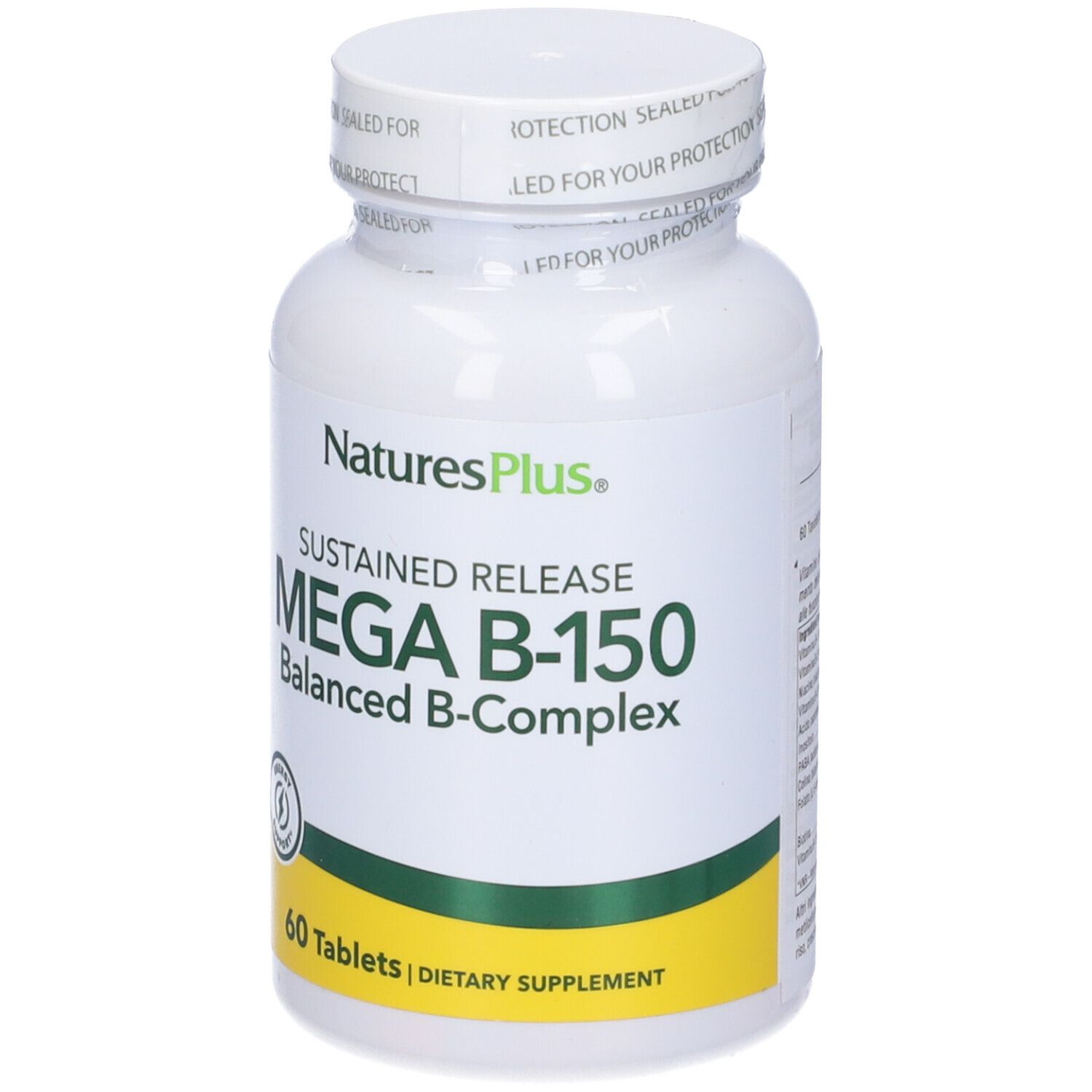 Flacone bianco con etichetta giallo-verde. Scritta: Mega B-150, 60 compresse. Marchio: NaturesPlus.