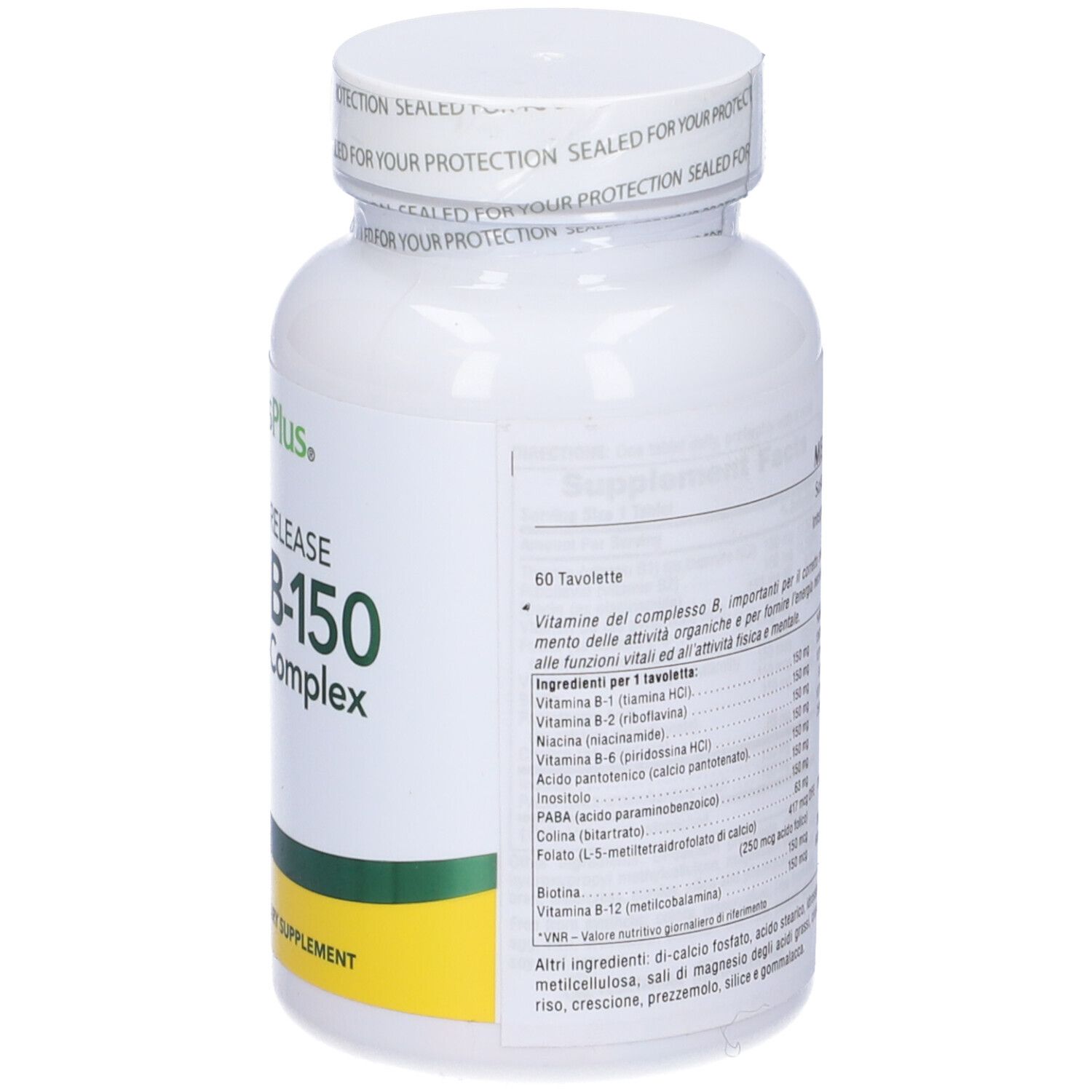 Flacone bianco con etichetta. Scritta: Mega B-150. Testo sul retro. Marchio: NaturesPlus.