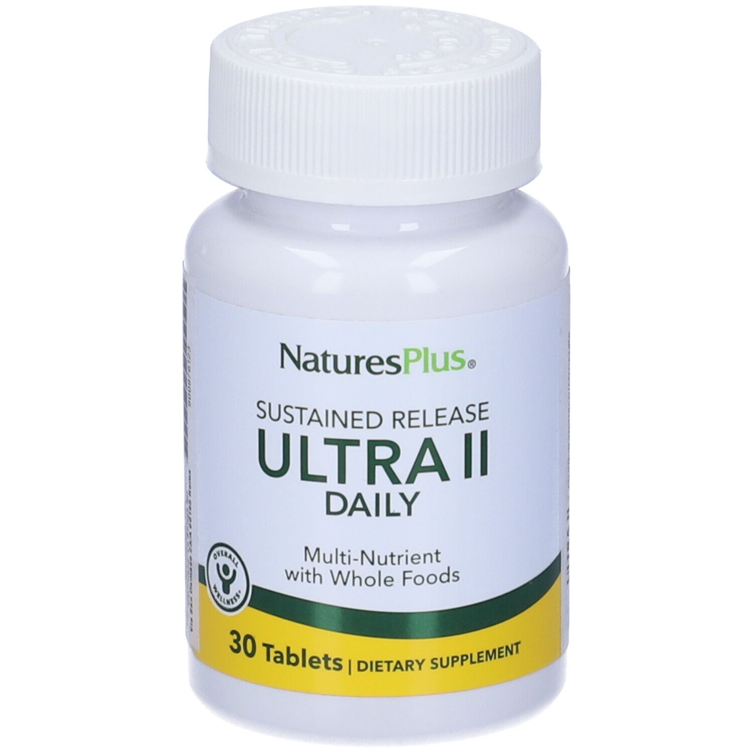 Flacone bianco con tappo a vite. Scritta: Ultra II Daily, 30 compresse. Marchio: NaturesPlus.