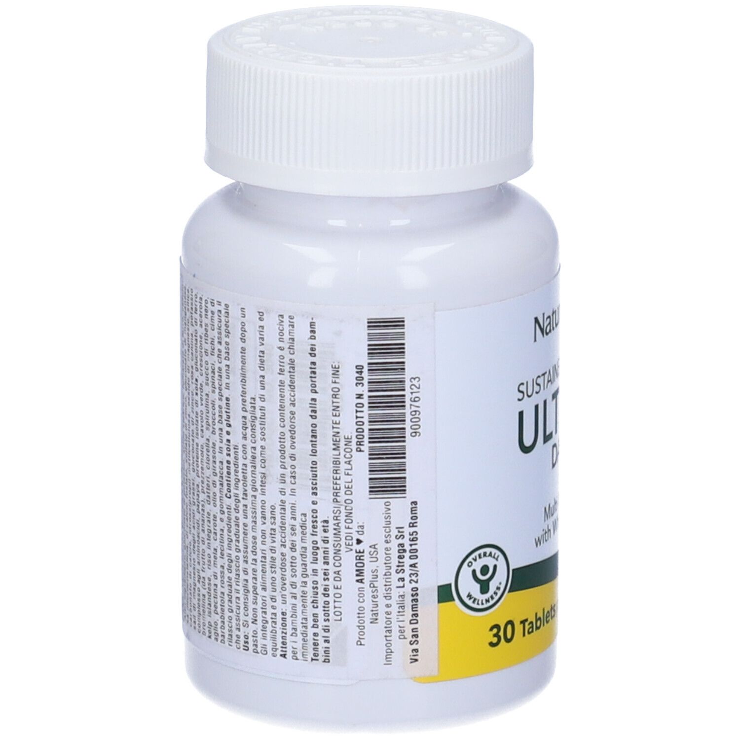 Retro di un flacone bianco con tappo a vite. Testo e codice a barre. Marchio: NaturesPlus.