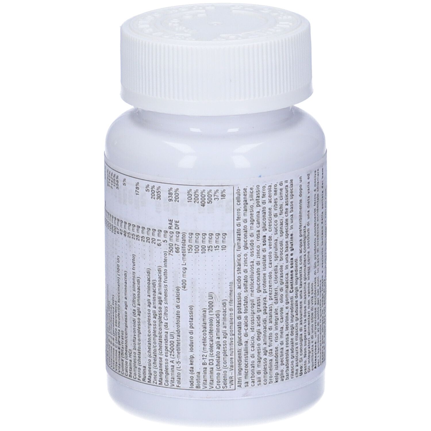 Retro di un flacone bianco con tappo a vite. Testo con ingredienti. Marchio: NaturesPlus.