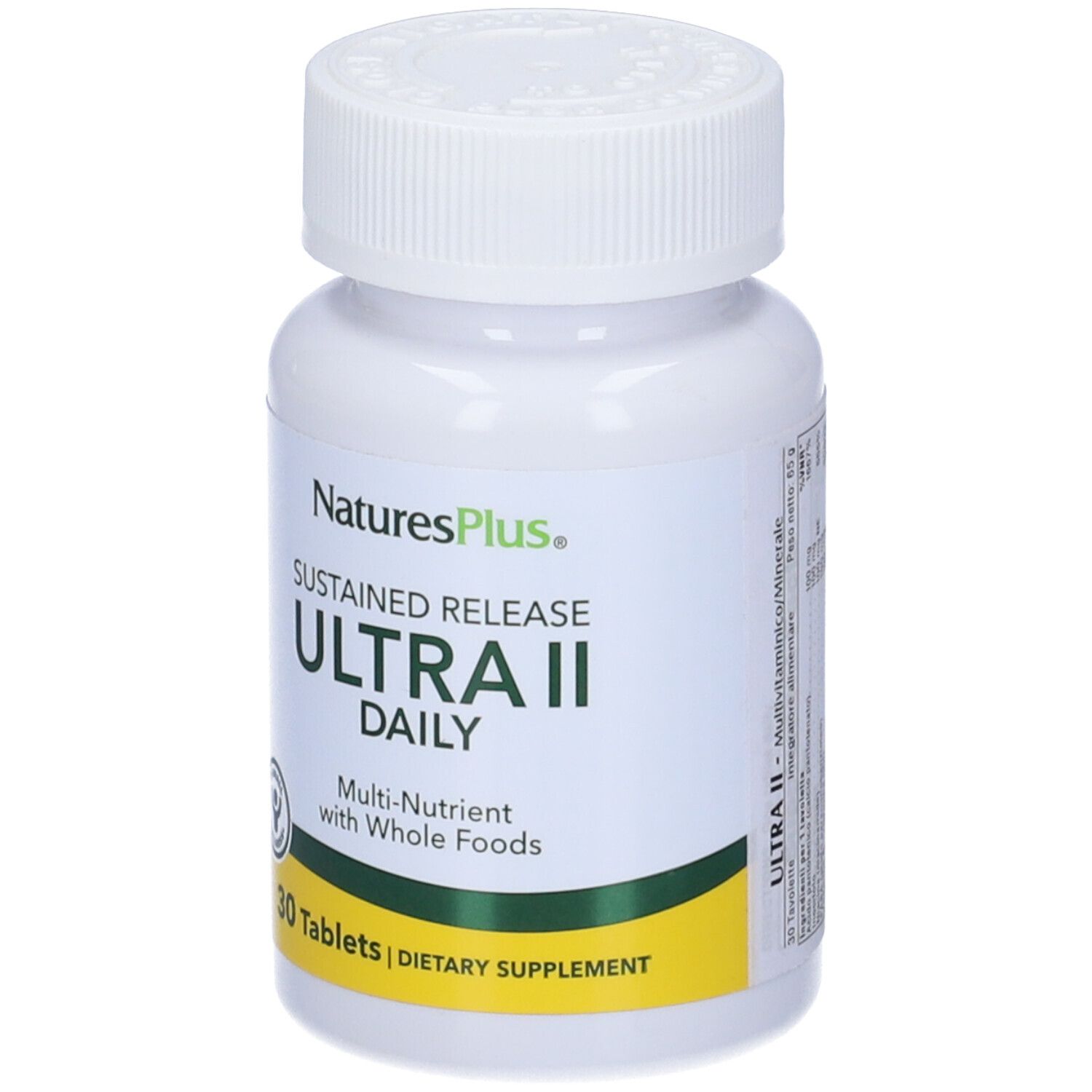 Flacone bianco con tappo a vite. Scritta: Ultra II Daily, 30 compresse. Marchio: NaturesPlus.