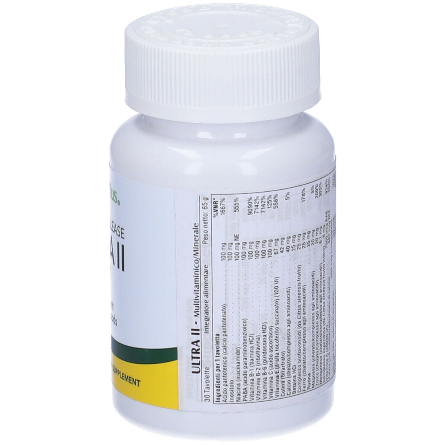 Retro di un flacone bianco con tappo a vite. Testo con ingredienti. Marchio: NaturesPlus.