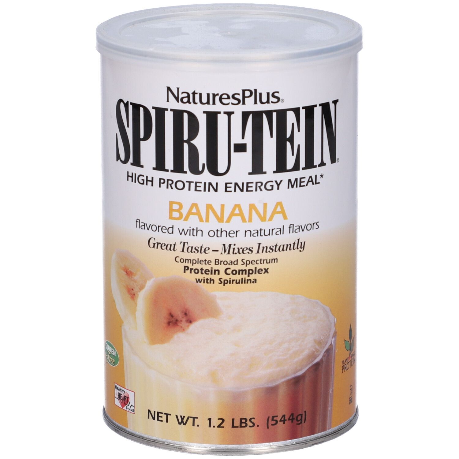 Lattina Spirutein Banana. Scritta: High Protein Energy Meal. Fette di banana e polvere in un bicchiere. Senza glutine.