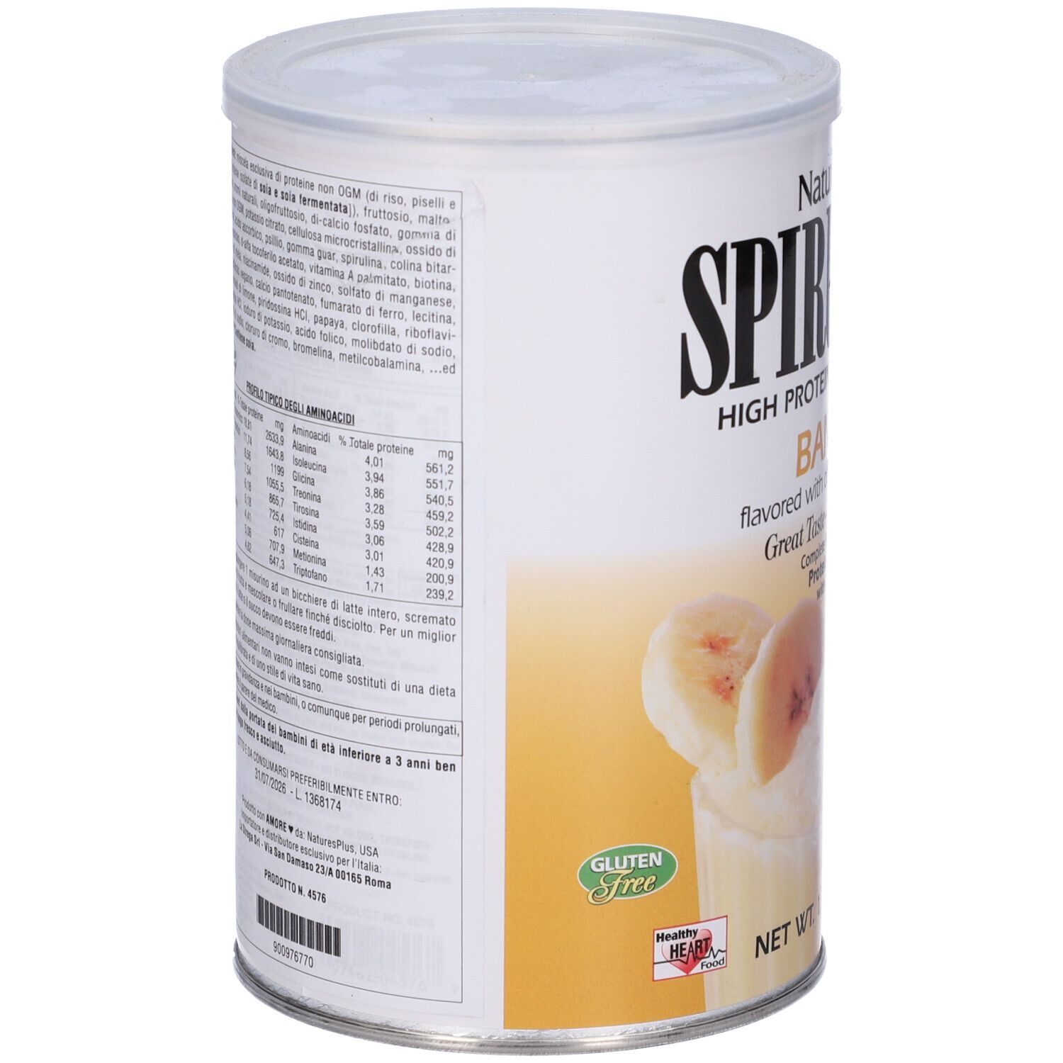 Lattina Spirutein Banana. Retro con informazioni nutrizionali. Sigillo senza glutine. Testo in italiano.
