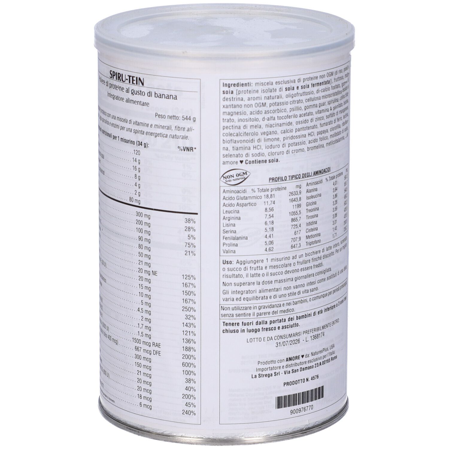 Lattina Spirutein Banana. Retro con informazioni nutrizionali. Testo in italiano. Sigillo senza glutine.