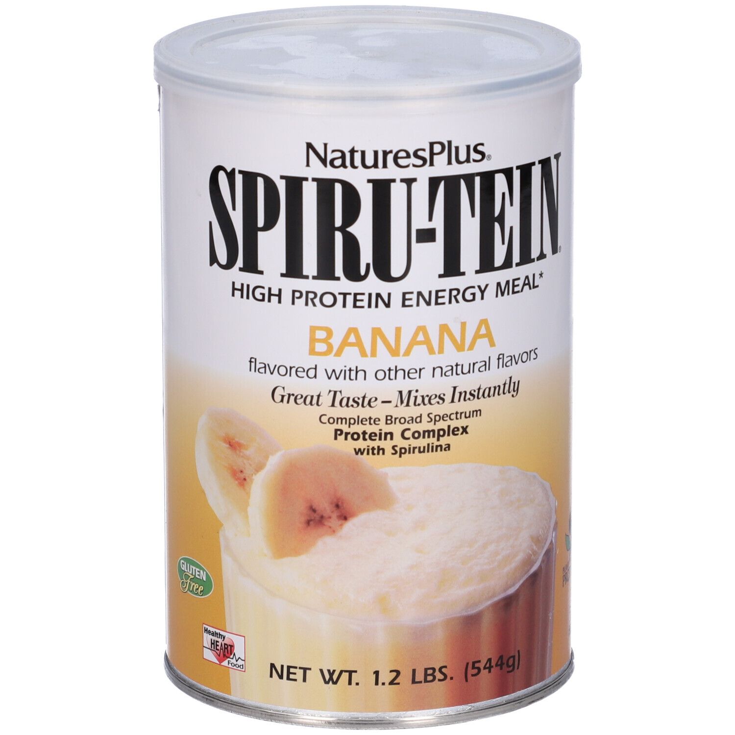 Lattina Spirutein Banana. Scritta: High Protein Energy Meal. Fette di banana e polvere in un bicchiere. Senza glutine.