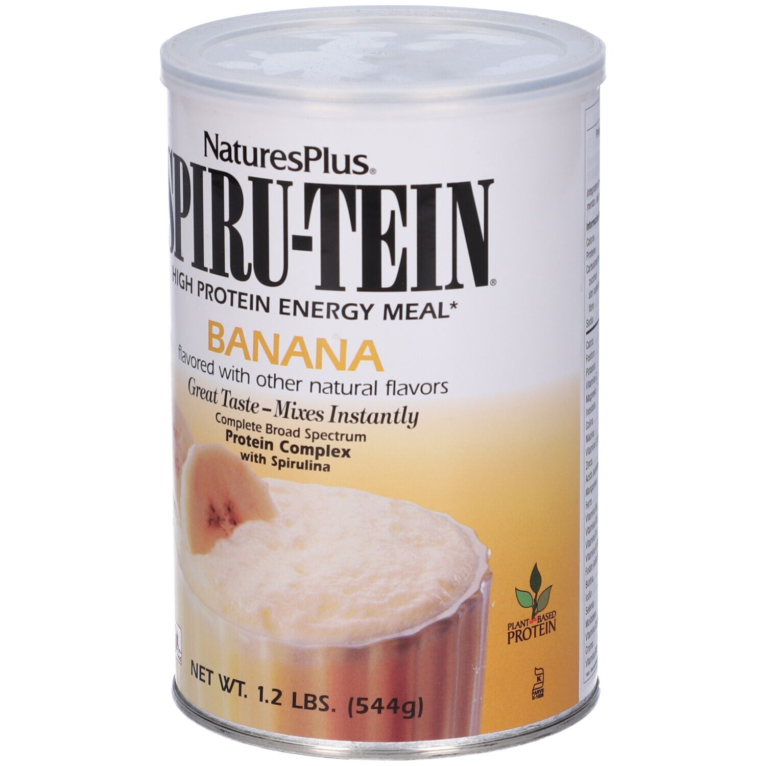 Lattina Spirutein Banana. Scritta: High Protein Energy Meal. Fette di banana e polvere in un bicchiere. Senza glutine.