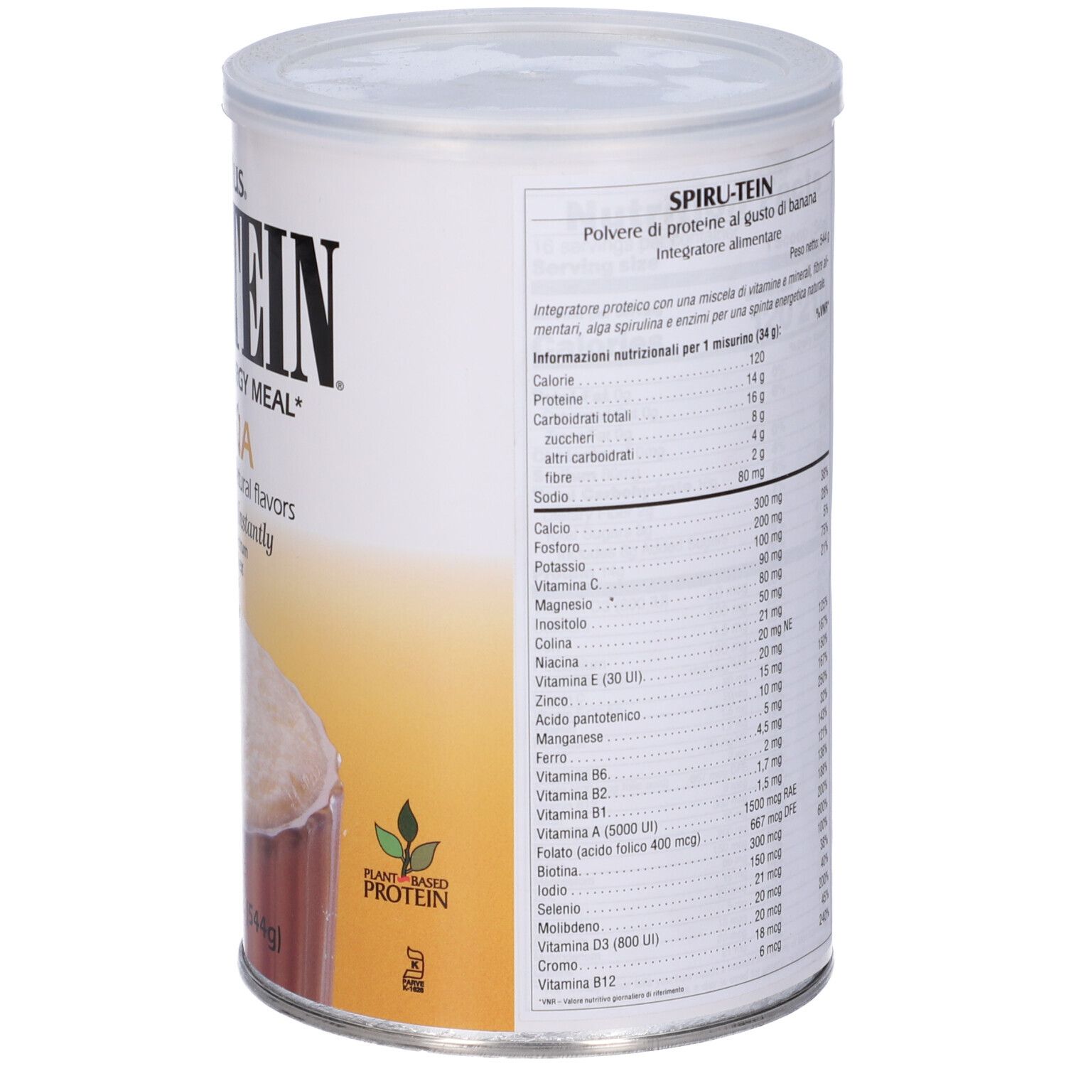 Lattina Spirutein Banana. Retro con informazioni nutrizionali. Sigillo Plant-Based Protein. Testo in italiano.