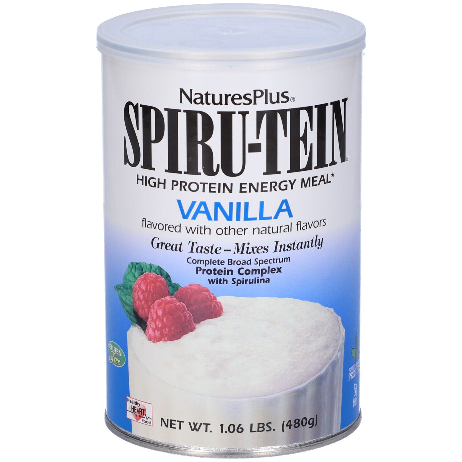 Barattolo Spirutein Vaniglia. Scritta: High Protein Energy Meal, Vaniglia. Con lamponi e simbolo senza glutine.