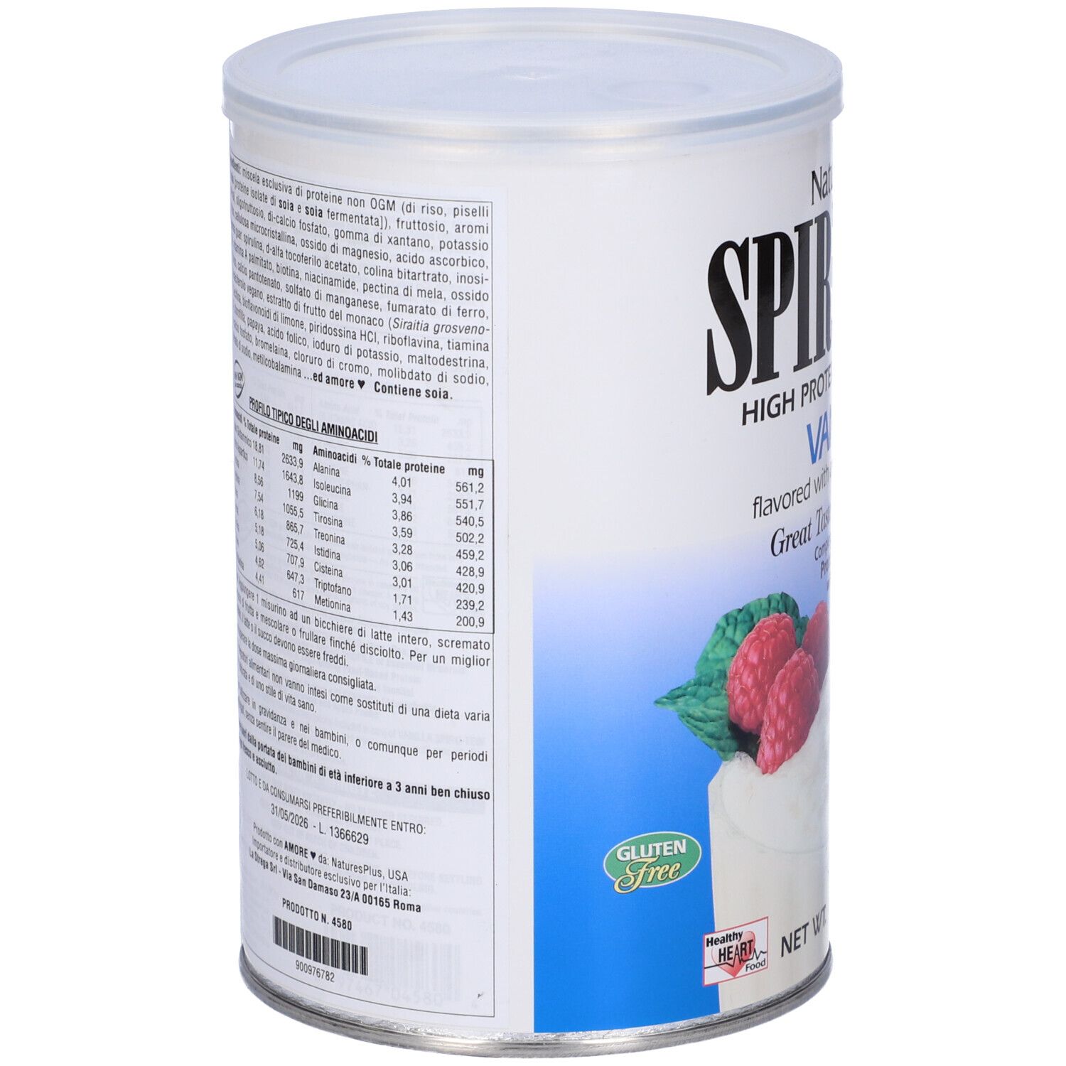 Barattolo Spirutein Vaniglia. Retro con informazioni nutrizionali e lista ingredienti. Simbolo senza glutine.