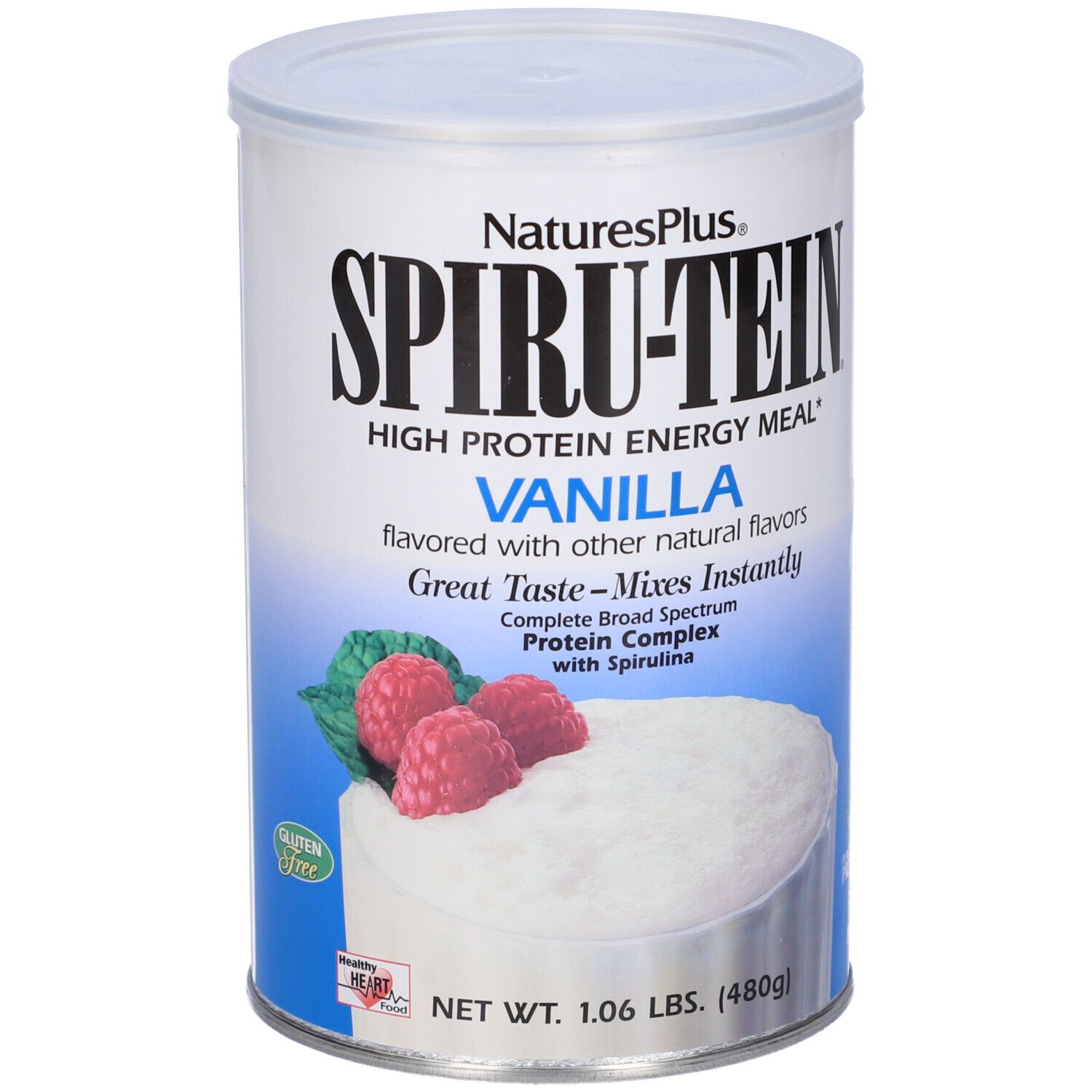 Barattolo Spirutein Vaniglia. Scritta: High Protein Energy Meal, Vaniglia. Con lamponi e simbolo senza glutine.