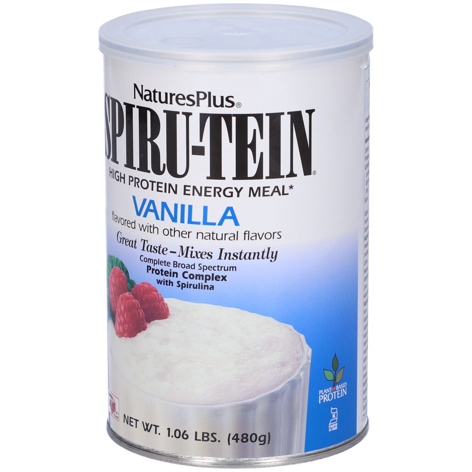 Barattolo Spirutein Vaniglia. Scritta: High Protein Energy Meal, Vaniglia. Con lamponi e simbolo senza glutine.