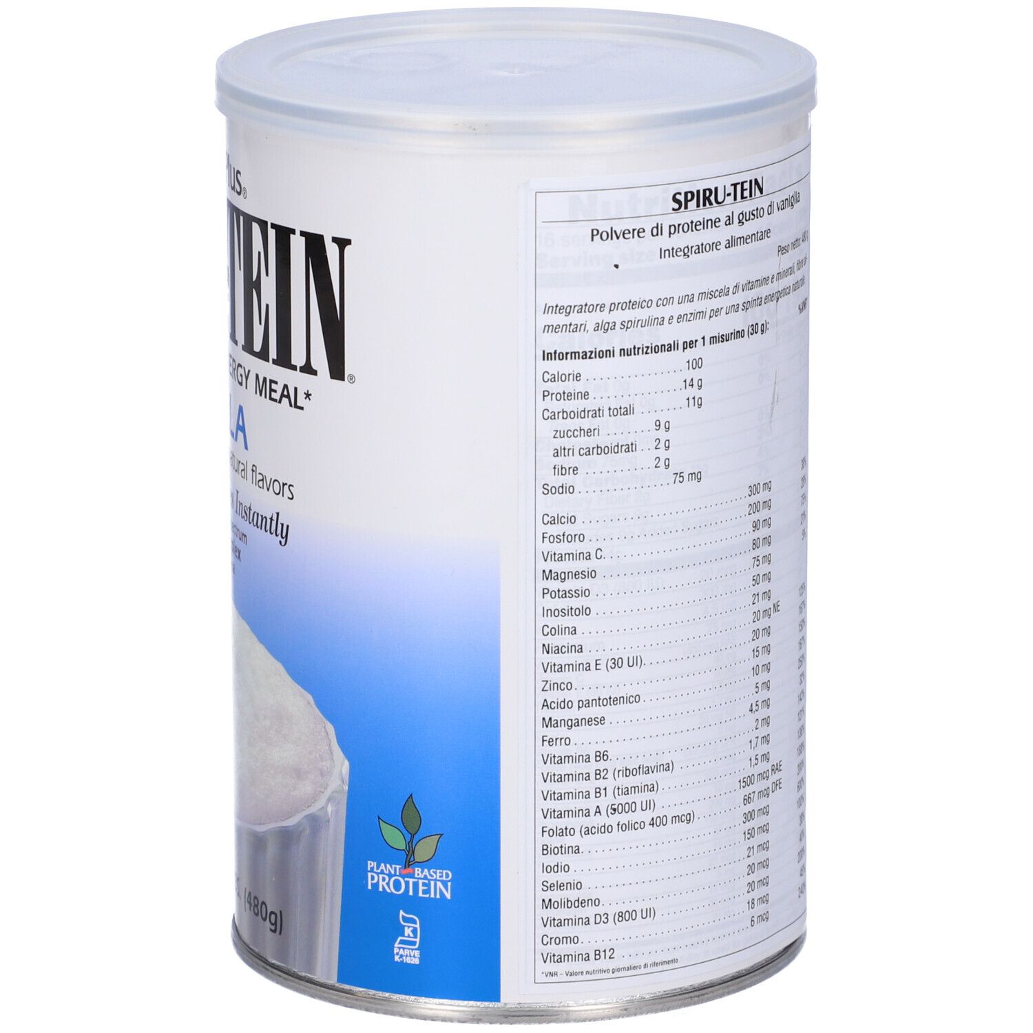 Barattolo Spirutein Vaniglia. Retro con informazioni nutrizionali e lista ingredienti. Logo Plant-Based Protein.