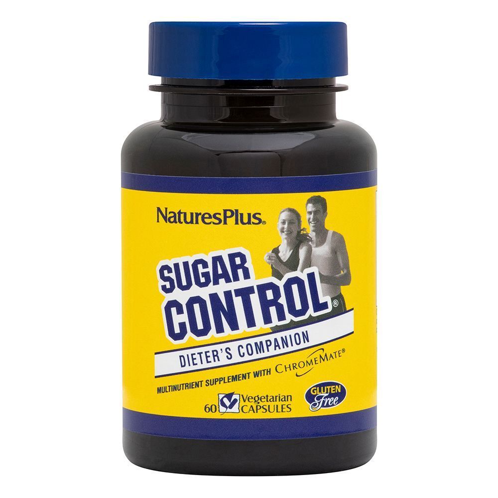 Flacone nero con etichetta gialla. Scritta: Sugar Control, Dieters Companion. Contiene 60 capsule. Senza glutine e vegetariano.
