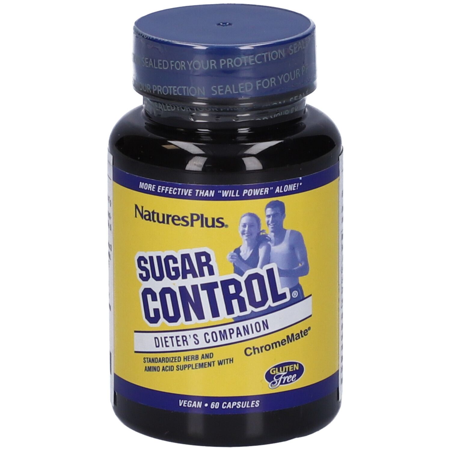 Flacone nero con etichetta gialla. Scritta: Sugar Control, Dieters Companion. Contiene 60 capsule. Senza glutine e vegano.