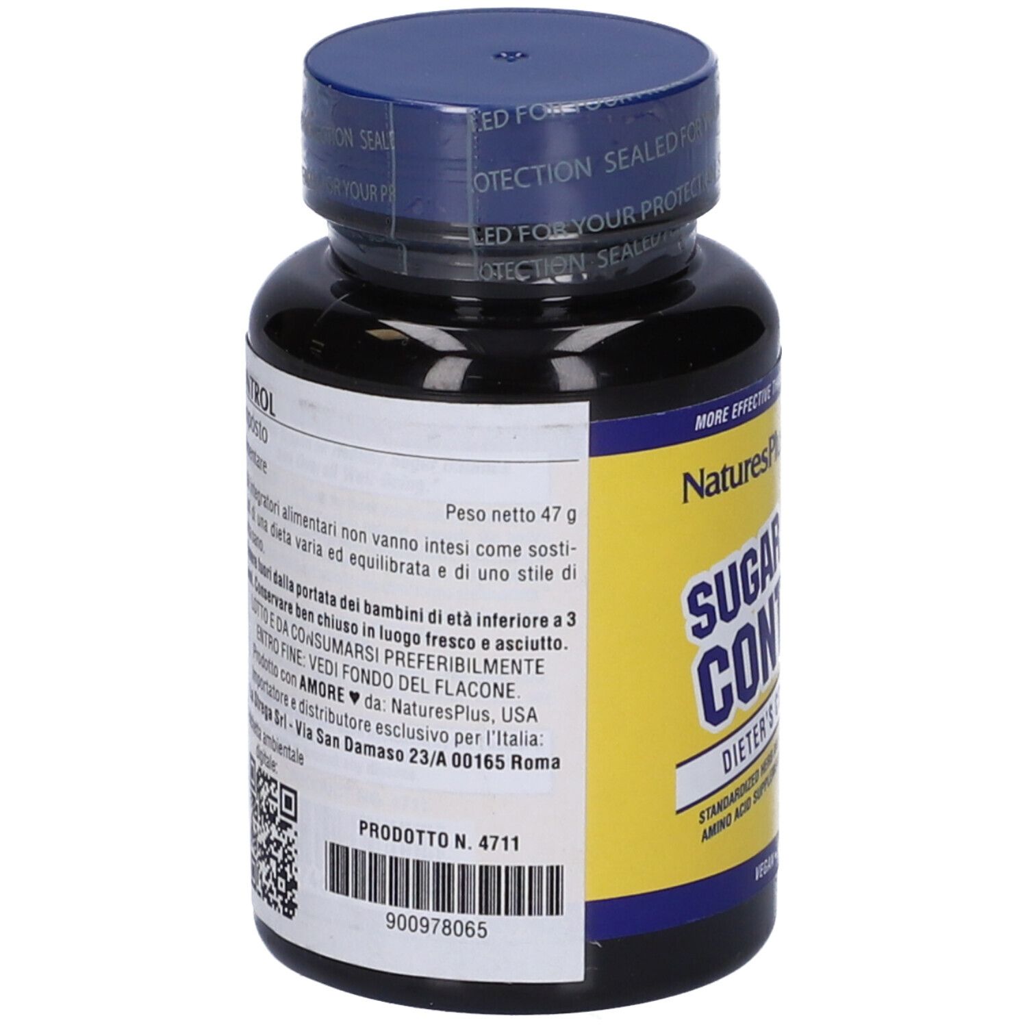 Flacone nero con etichetta gialla. Scritta: Sugar Control, Dieters Companion. Retro con testo e codice a barre.