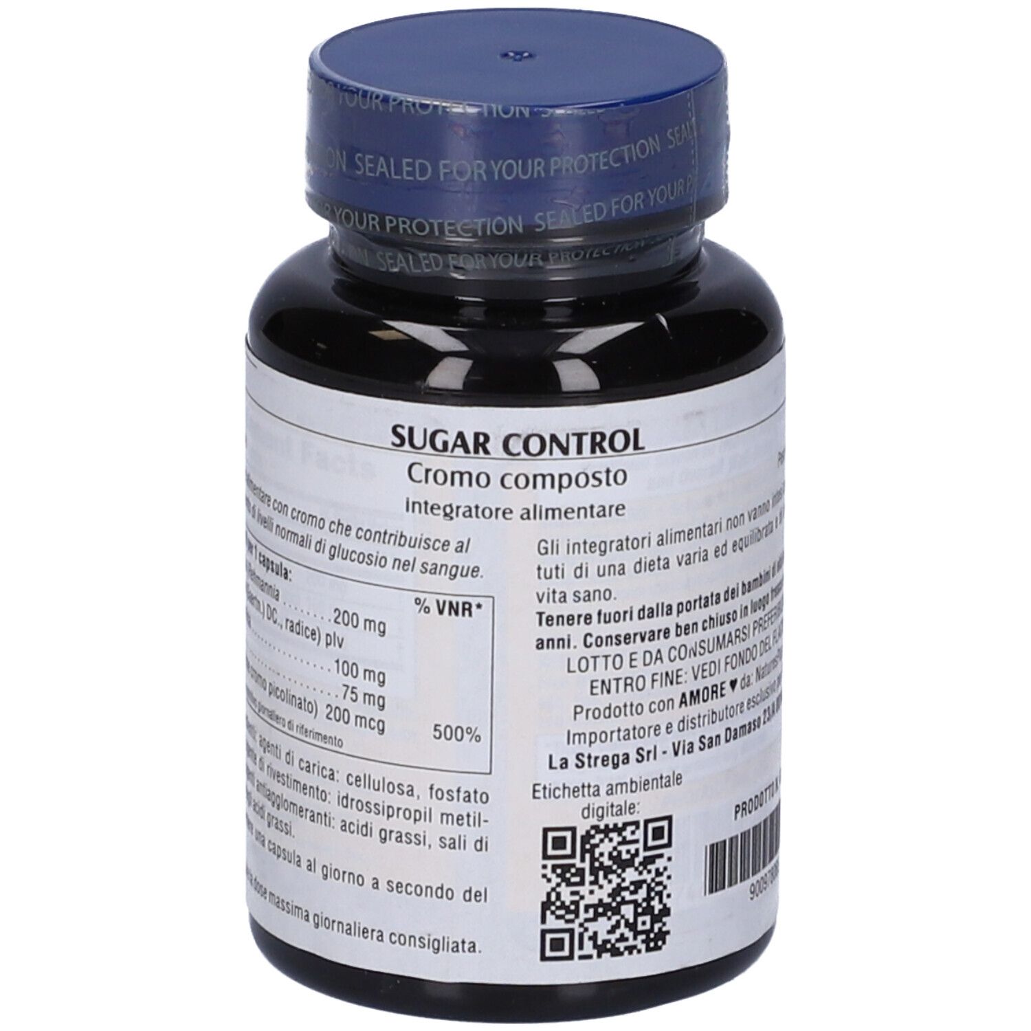 Flacone nero con etichetta gialla. Scritta: Sugar Control, Dieters Companion. Retro con testo e ingredienti.