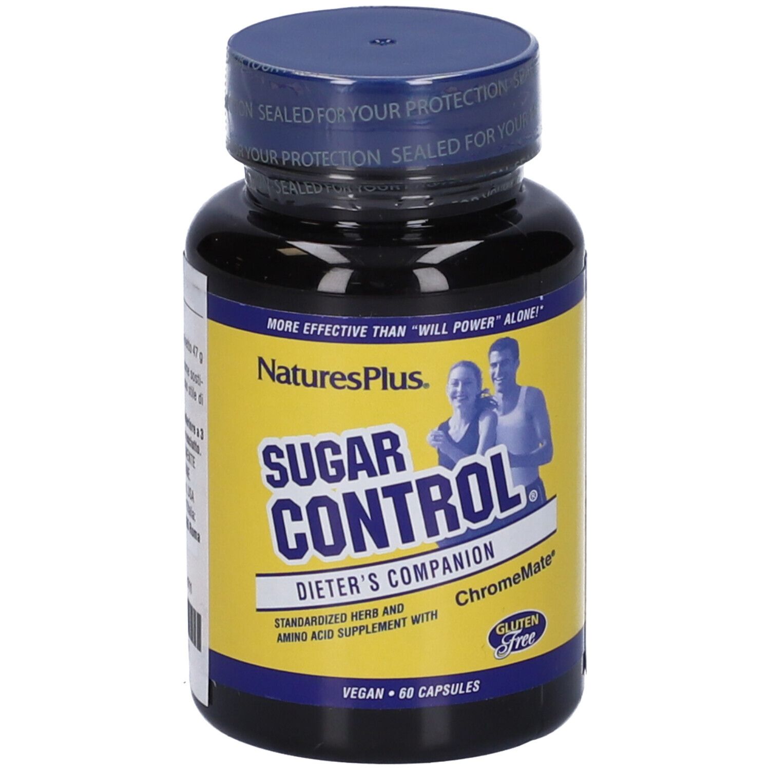 Flacone nero con etichetta gialla. Scritta: Sugar Control, Dieters Companion. Contiene 60 capsule. Senza glutine e vegano.