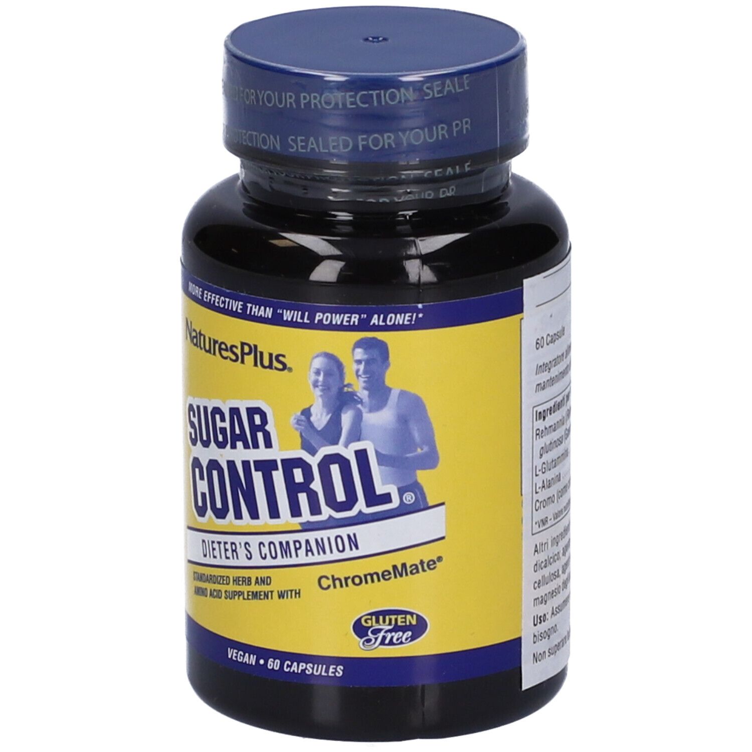 Flacone nero con etichetta gialla. Scritta: Sugar Control, Dieters Companion. Contiene 60 capsule. Retro con ingredienti.