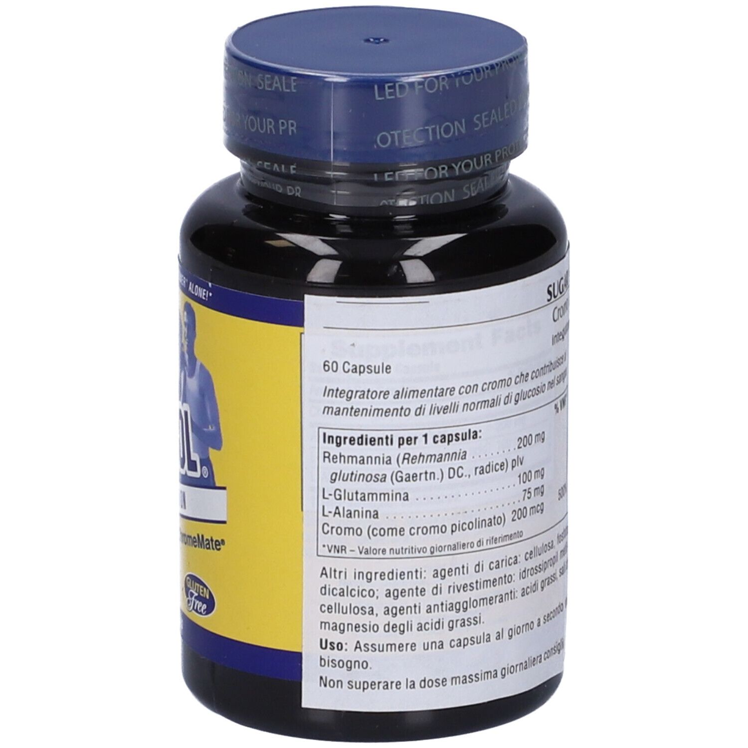 Flacone nero con etichetta gialla. Scritta: Sugar Control, Dieters Companion. Retro con ingredienti e testo.