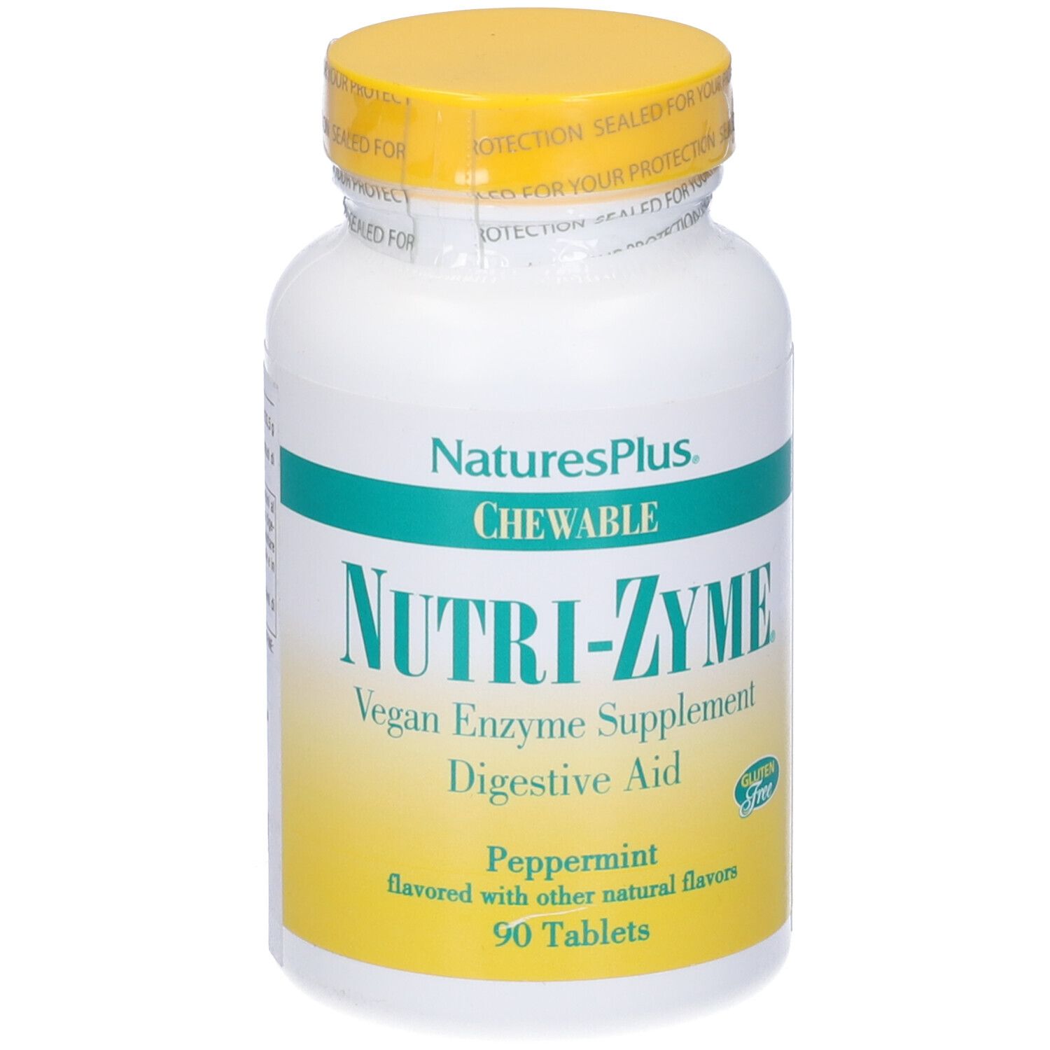 Flacone bianco, tappo giallo. Scritta: Nutri-Zyme, 90 compresse. Sigillo senza glutine.