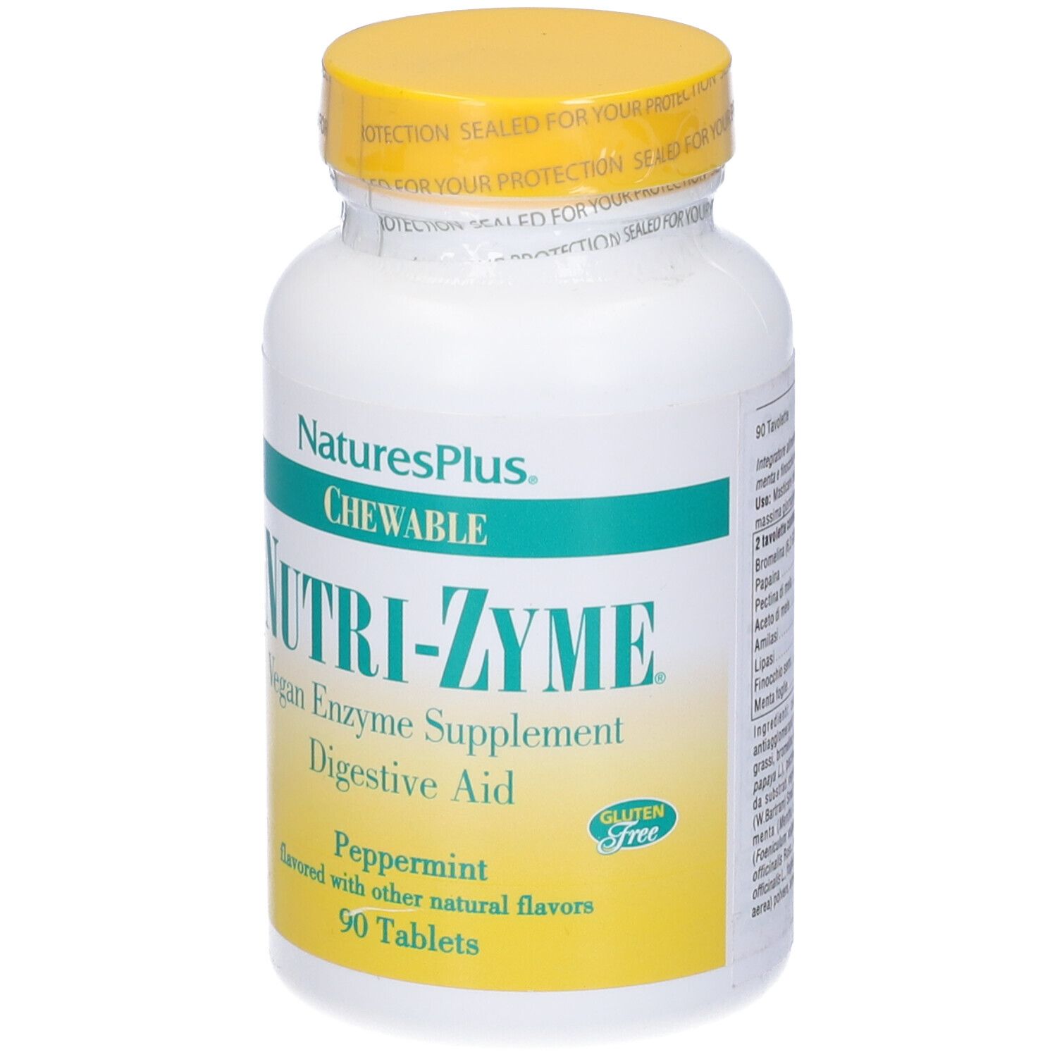 Flacone bianco, tappo giallo. Scritta: Nutri-Zyme, 90 compresse. Sigillo senza glutine.