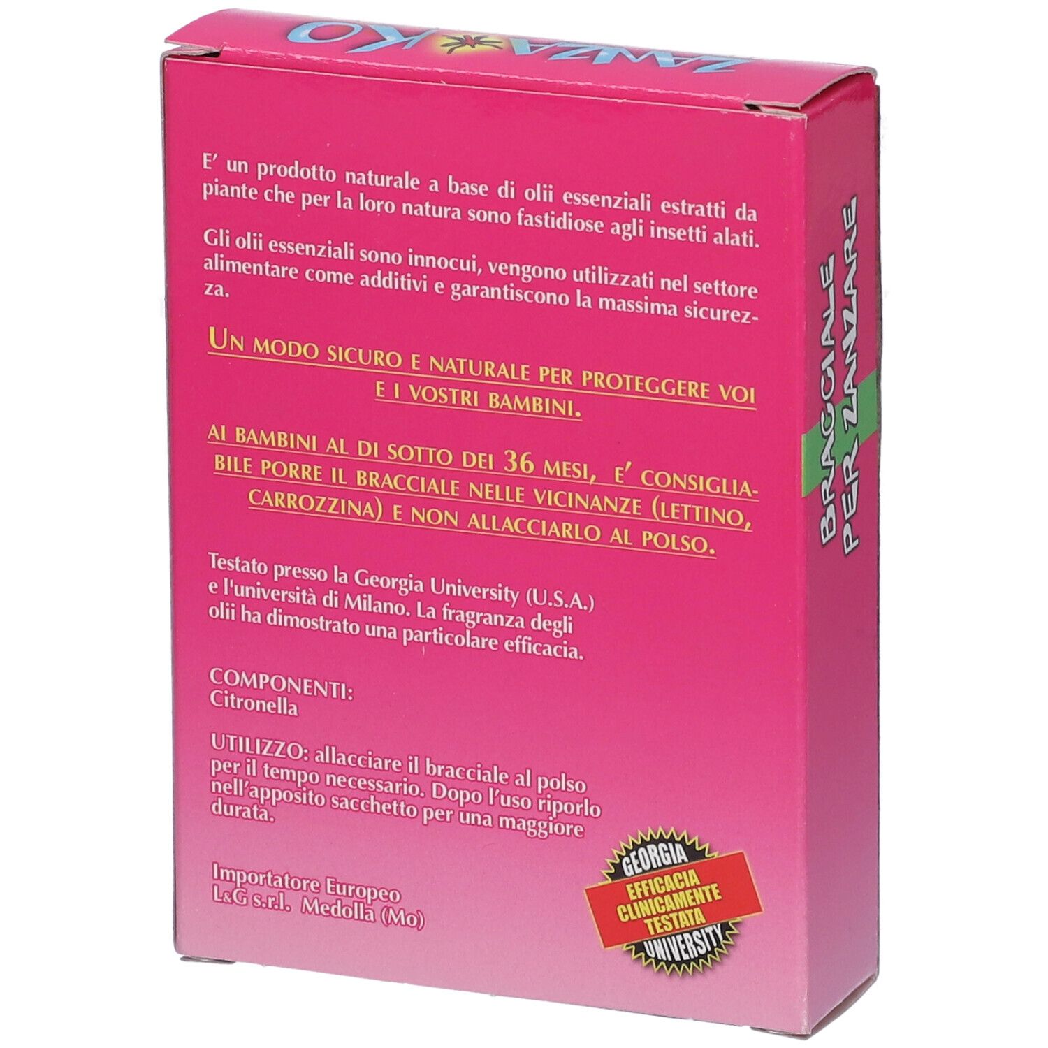 Retro della confezione. Testo: Bracciale per Zanzare. Informazioni su ingredienti e utilizzo.