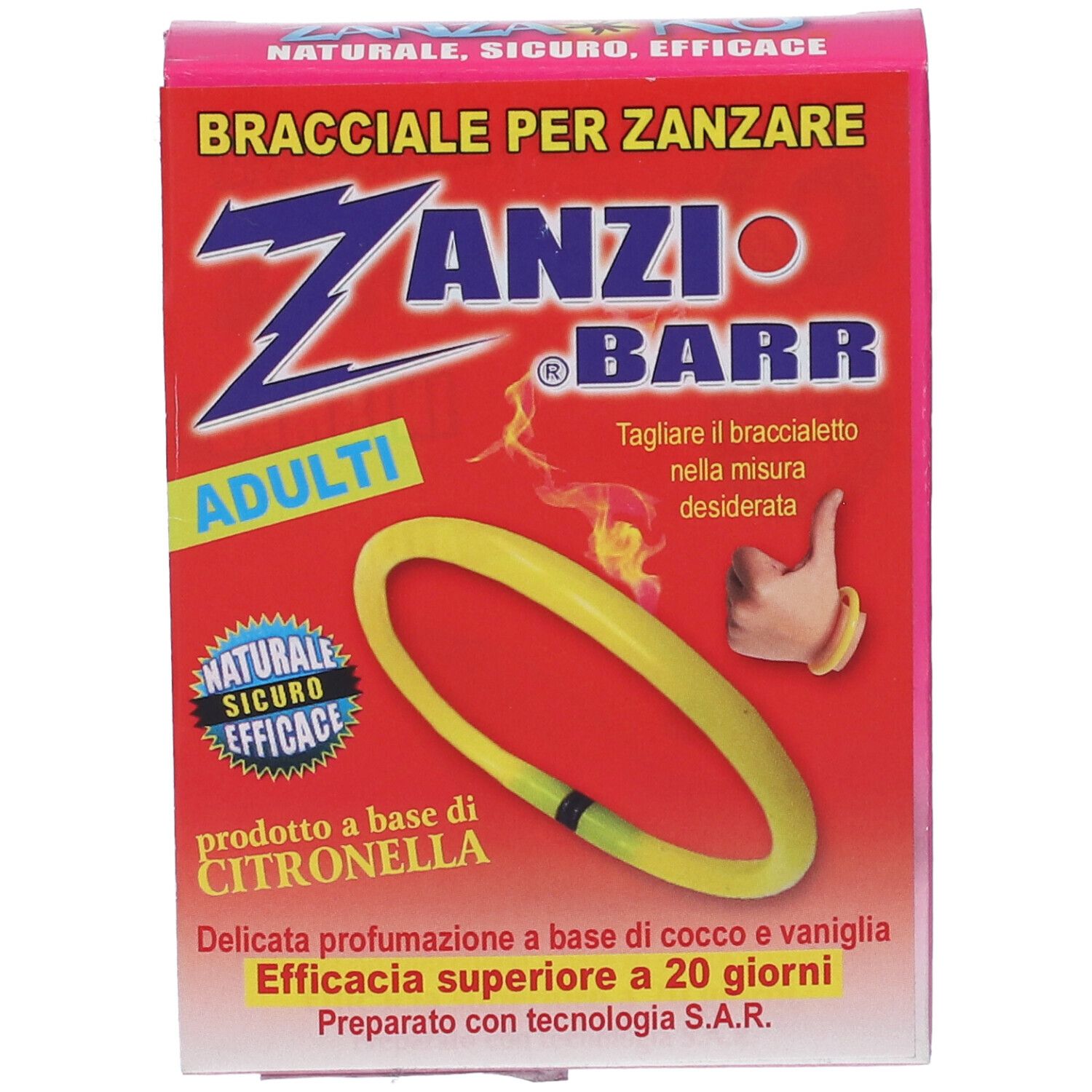 Confezione con braccialetto giallo. Testo: Zanzi Barr, Adulti, Citronella. Repellente per insetti naturale, sicuro ed efficace.