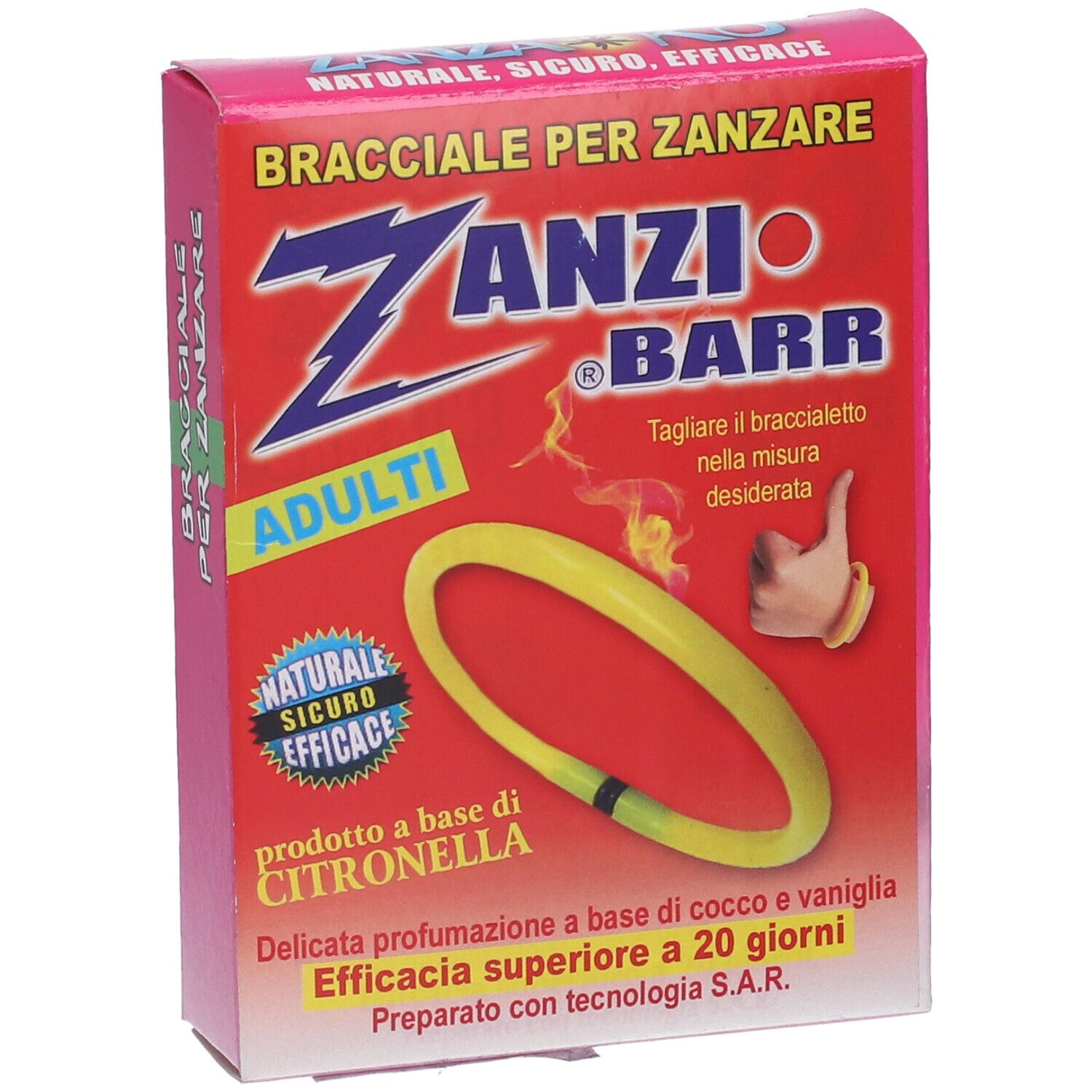 Confezione con braccialetto giallo. Testo: Zanzi Barr, Adulti, Citronella. Repellente per insetti naturale, sicuro ed efficace.