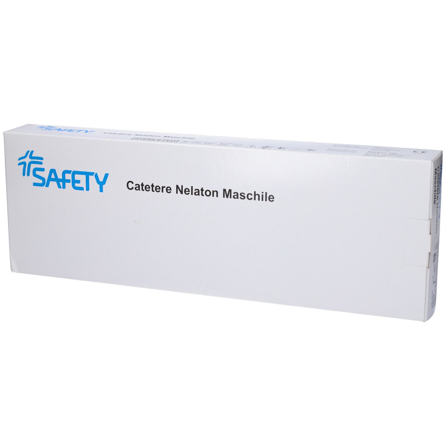 Confezione bianca con testo blu. Testo: Catetere Nelaton Maschile. Marchio: SAFETY.