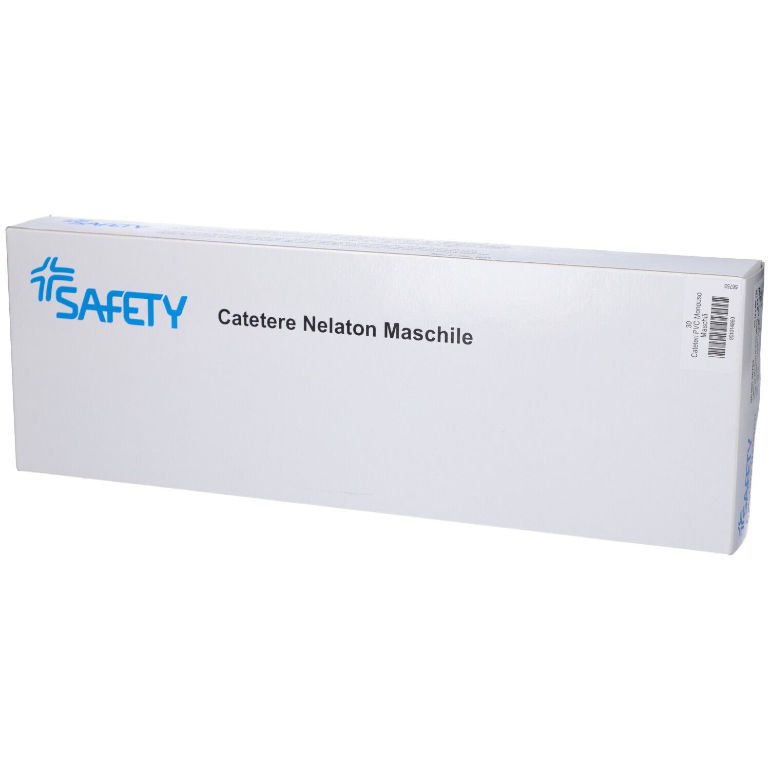 Confezione bianca con testo blu. Testo: Catetere Nelaton Maschile. Marchio: SAFETY.