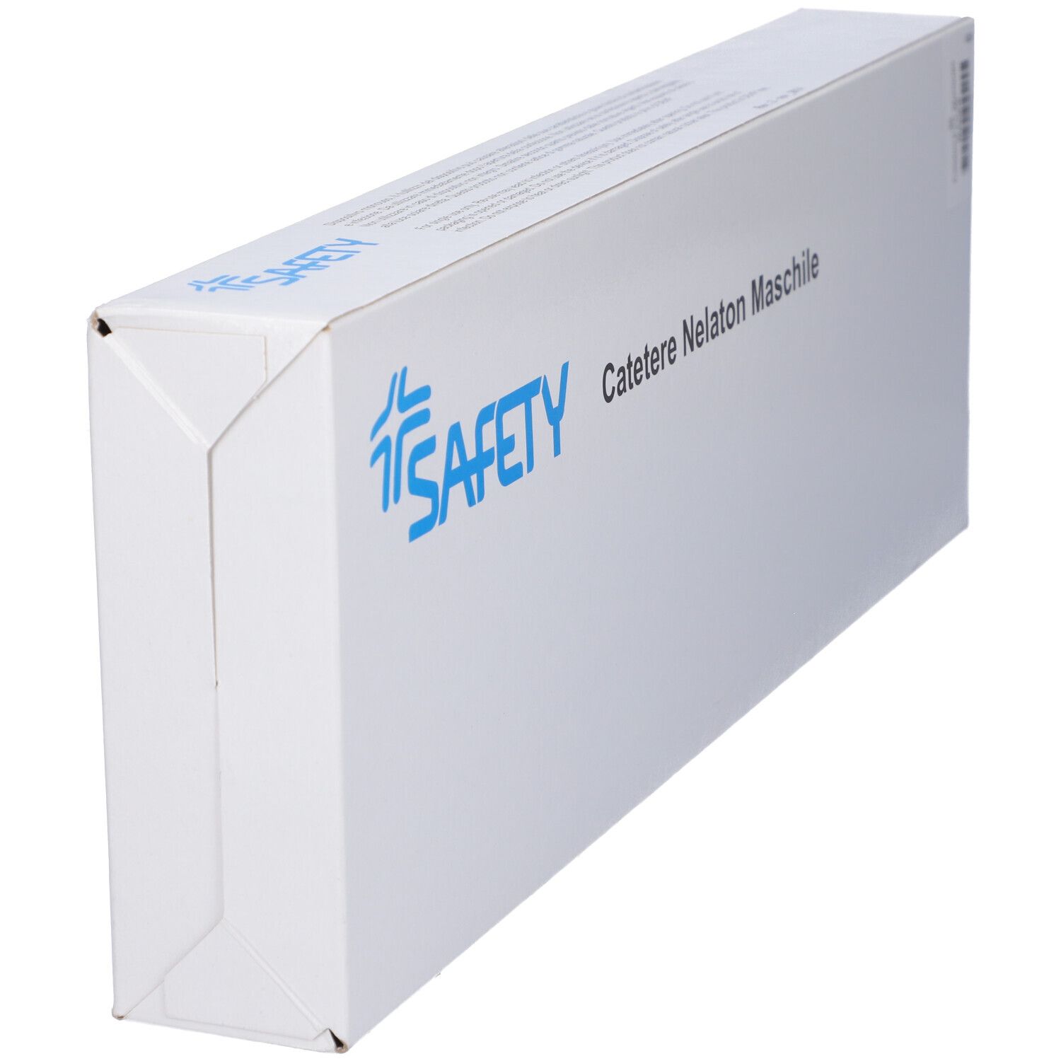 Scatola bianca con testo blu. Testo: Catetere Nelaton Maschile. Marchio: SAFETY. Vista prospettica.