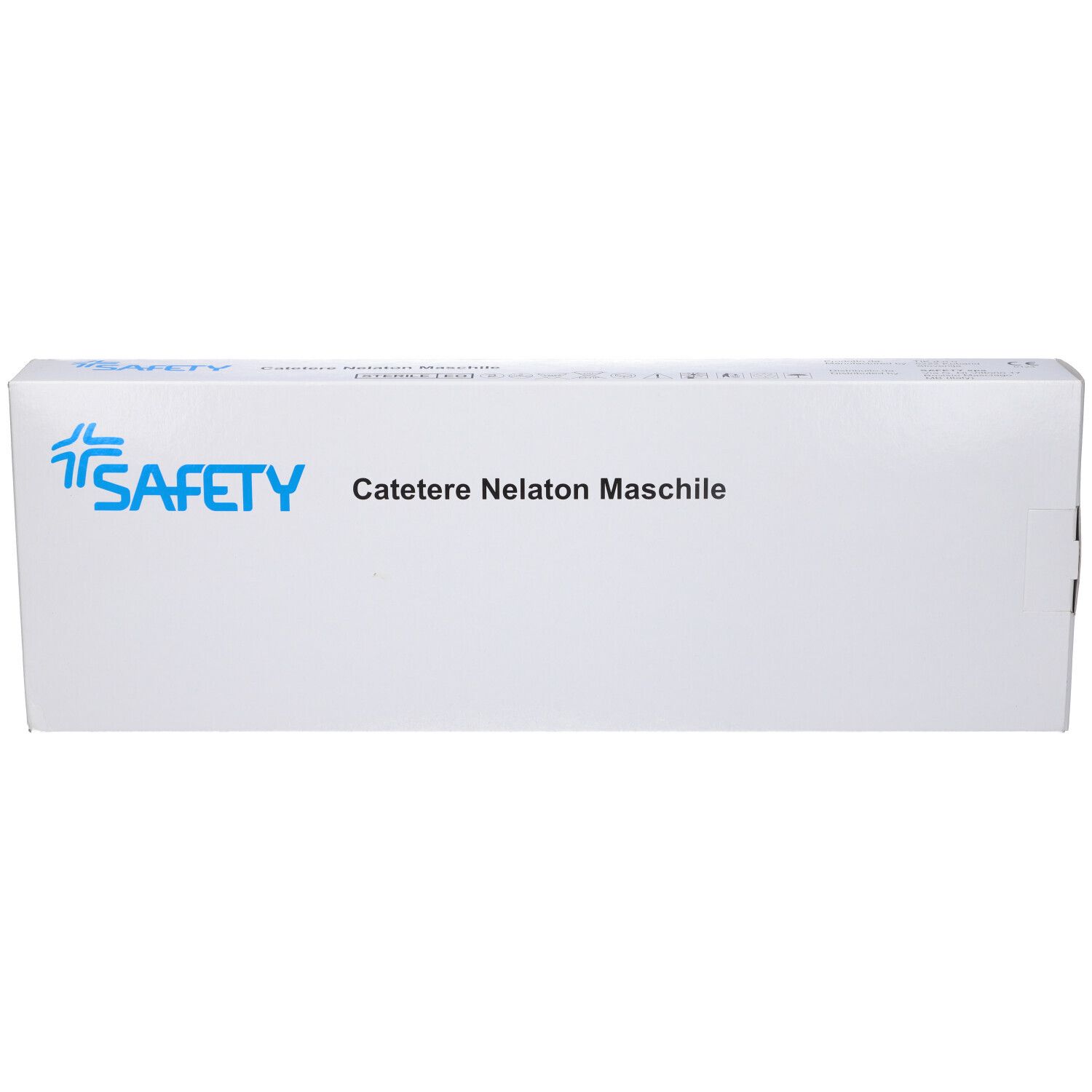Confezione bianca con testo blu. Testo: Catetere Nelaton Maschile. Marchio: SAFETY.