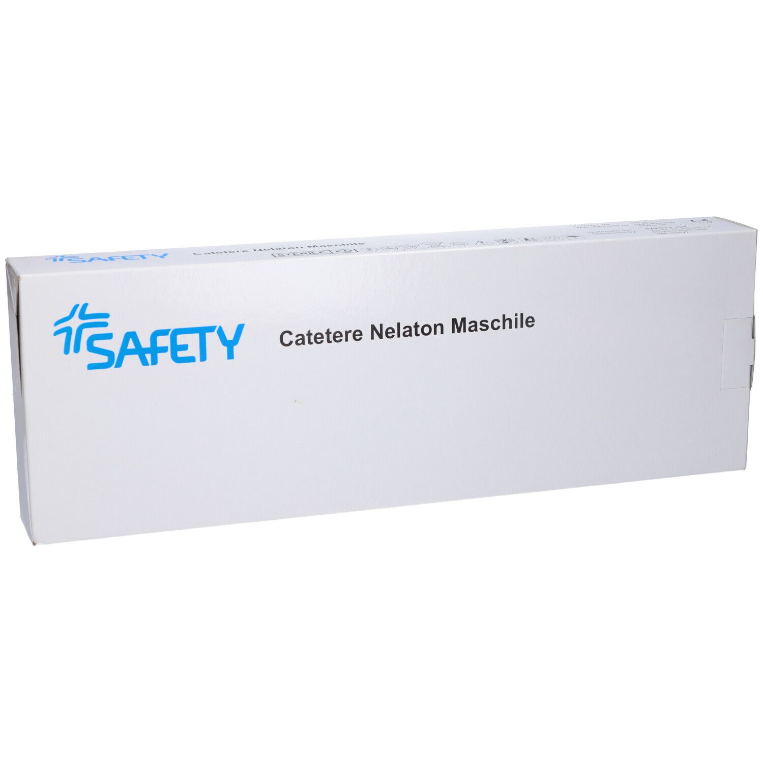 Confezione bianca con testo blu. Testo: Catetere Nelaton Maschile. Marchio: SAFETY.