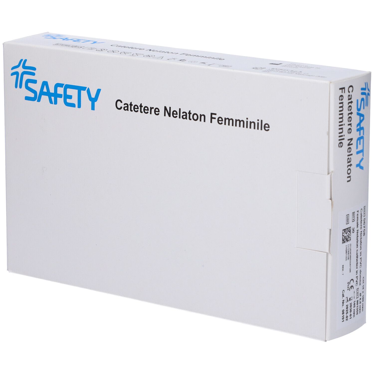 Confezione bianca con scritte blu. Scritta: Catetere Nelaton Femminile. Logo: Safety. Vista laterale della confezione.