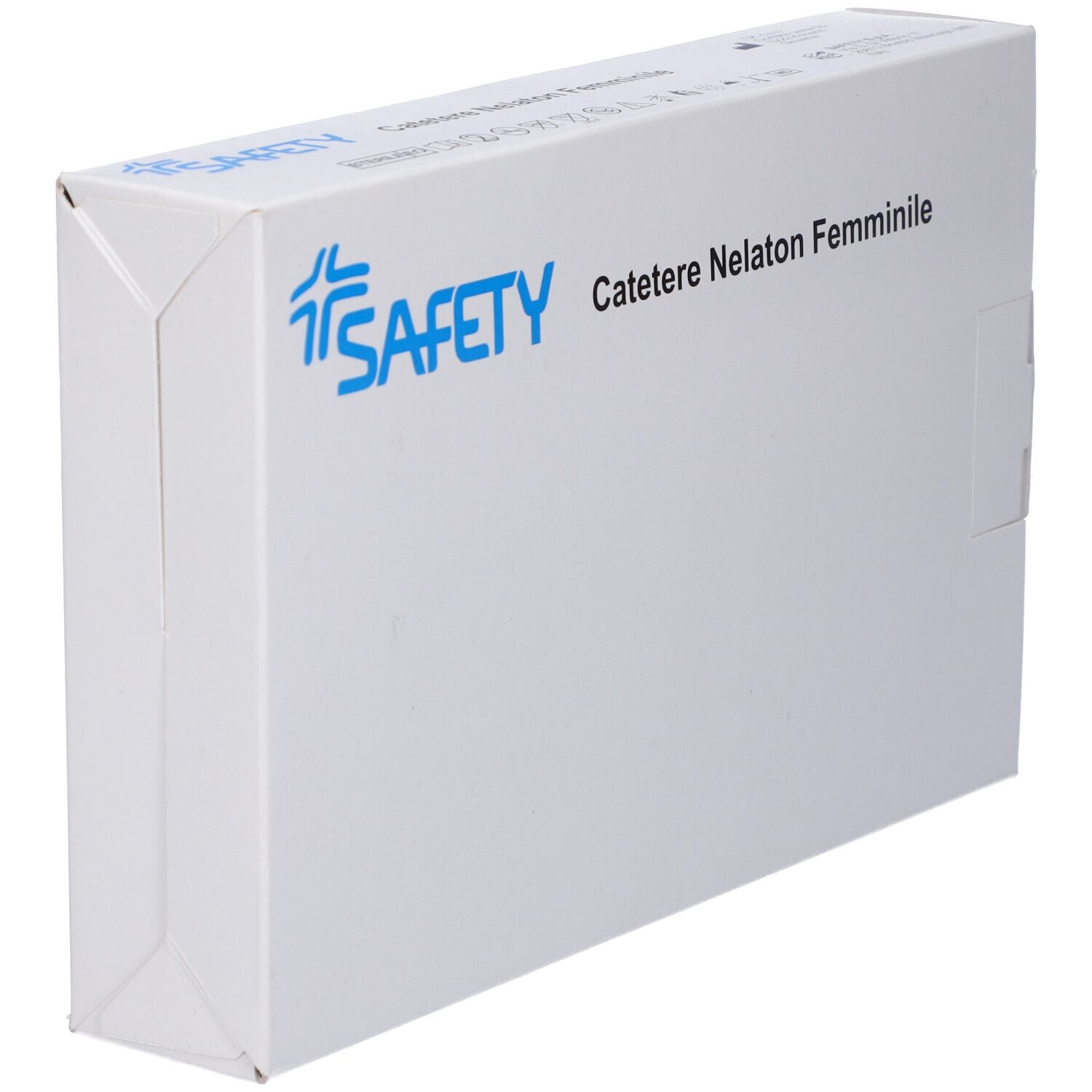 Confezione bianca con scritte blu. Scritta: Catetere Nelaton Femminile. Logo: Safety. Vista laterale della confezione.