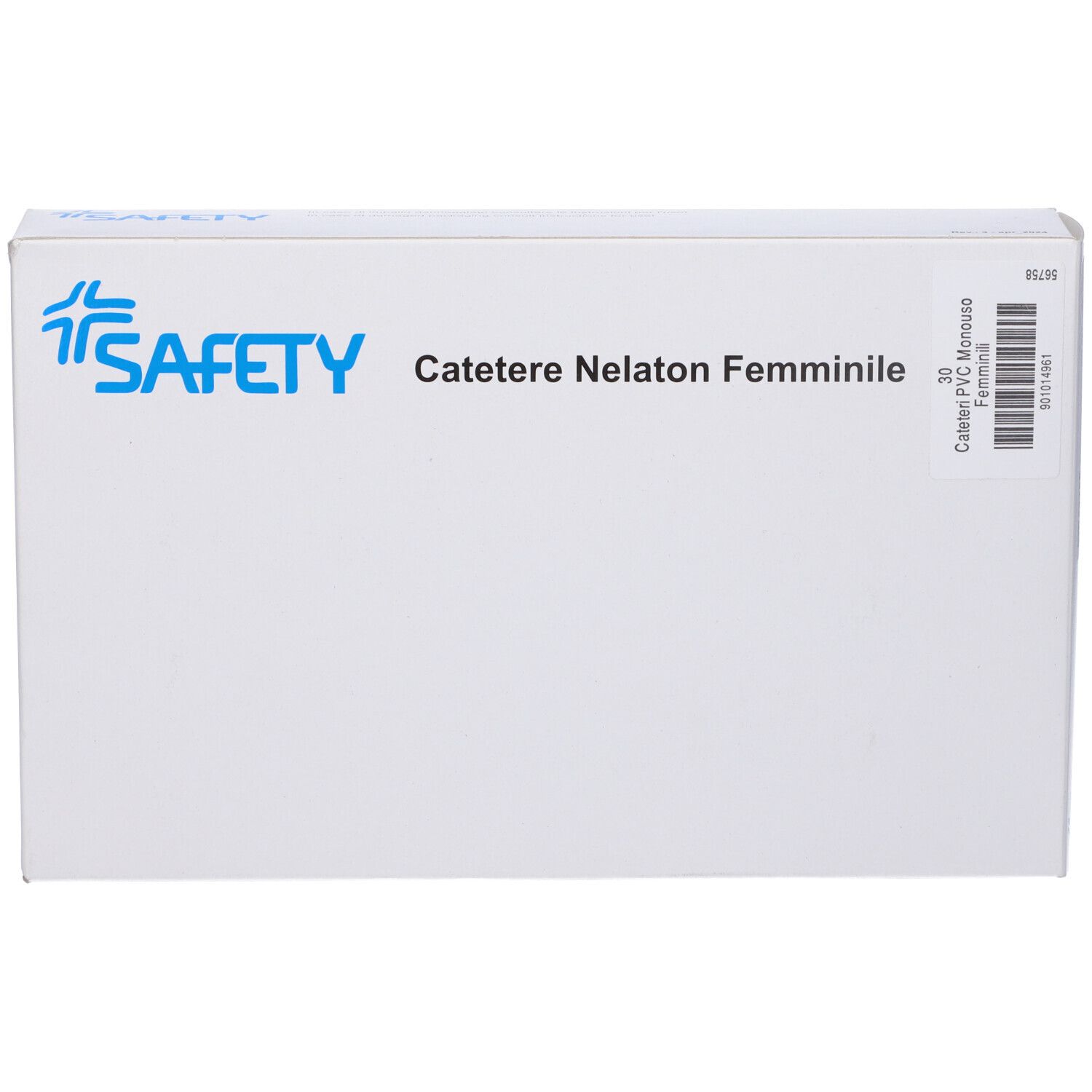Confezione bianca con scritte blu. Scritta: Catetere Nelaton Femminile. Logo: Safety. Vista dettagliata con informazioni sul prodotto.