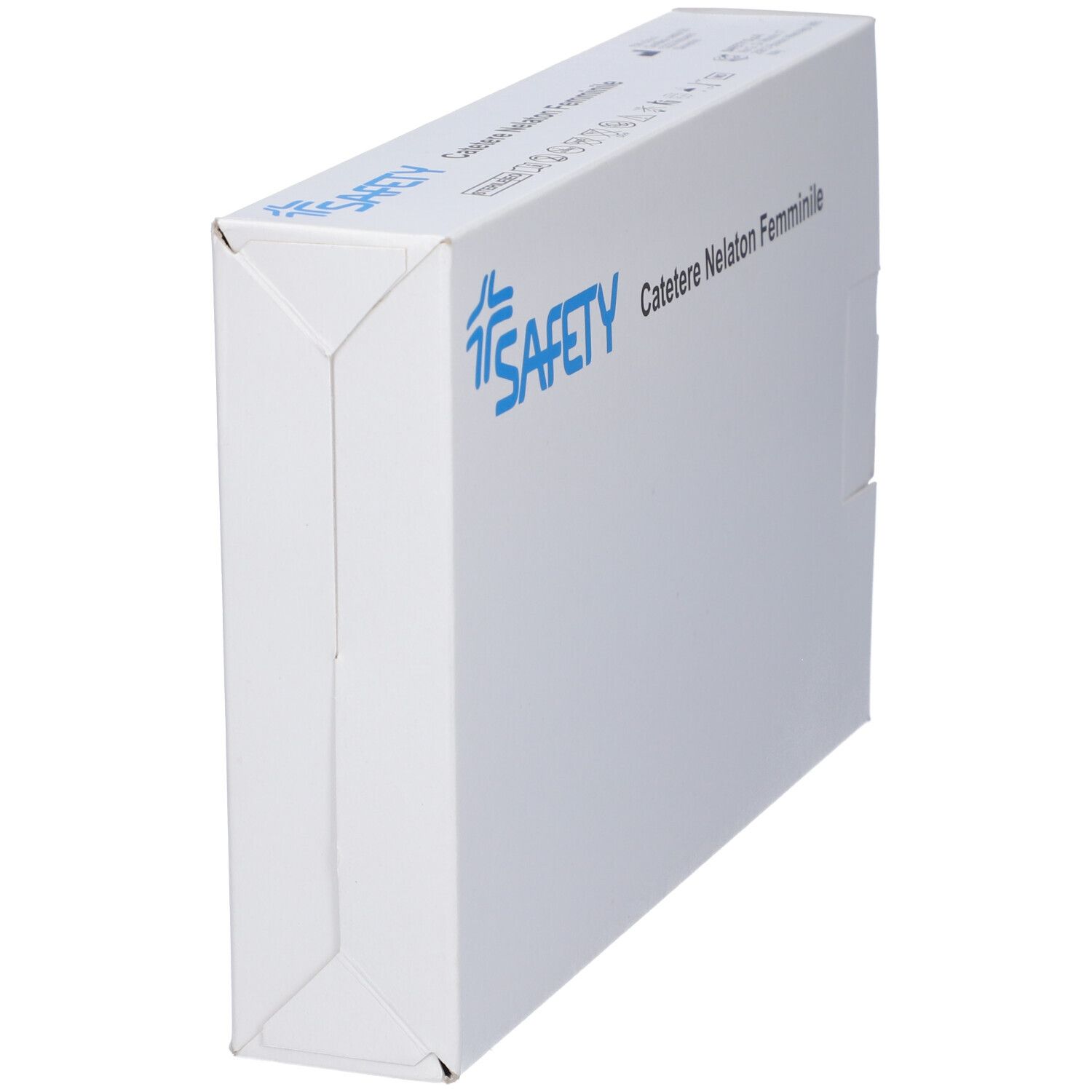 Confezione bianca, vista laterale. Logo e testo blu. Scritta: Catetere Nelaton Femminile. Marchio: SAFETY.