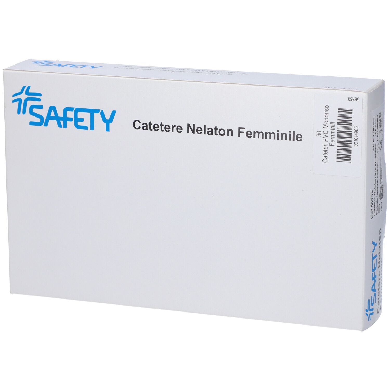 Confezione bianca con logo e testo blu. Scritta: Catetere Nelaton Femminile. Marchio: SAFETY. Codice a barre.