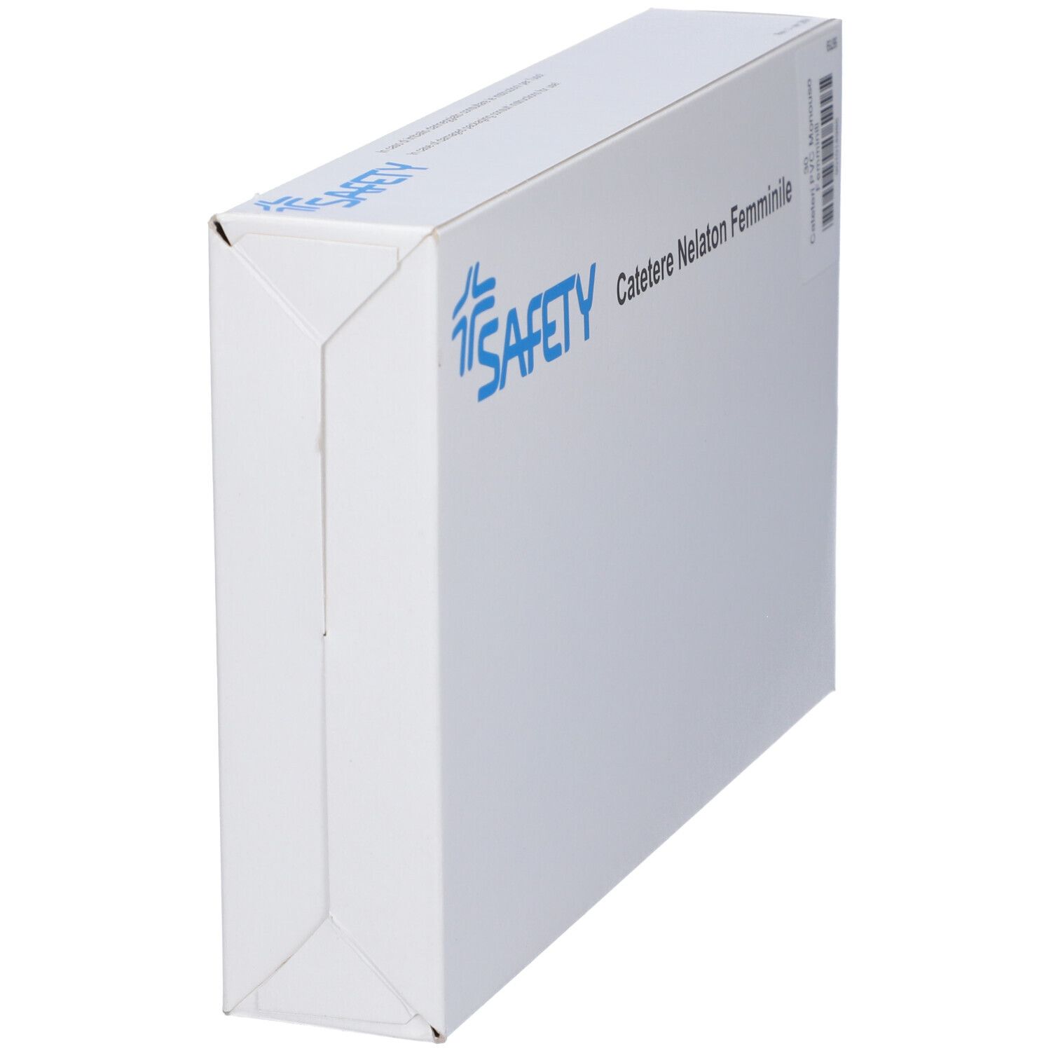 Confezione bianca, vista laterale. Logo e testo blu. Scritta: Catetere Nelaton Femminile. Marchio: SAFETY.