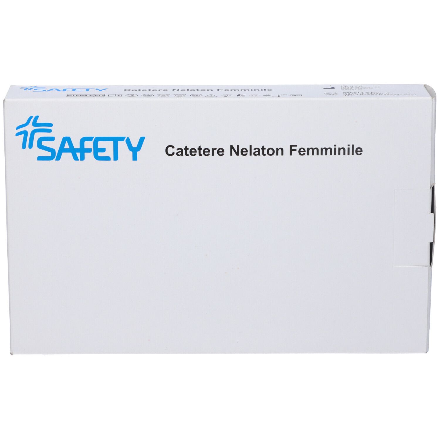 Confezione bianca con logo e testo blu. Scritta: Catetere Nelaton Femminile. Marchio: SAFETY.