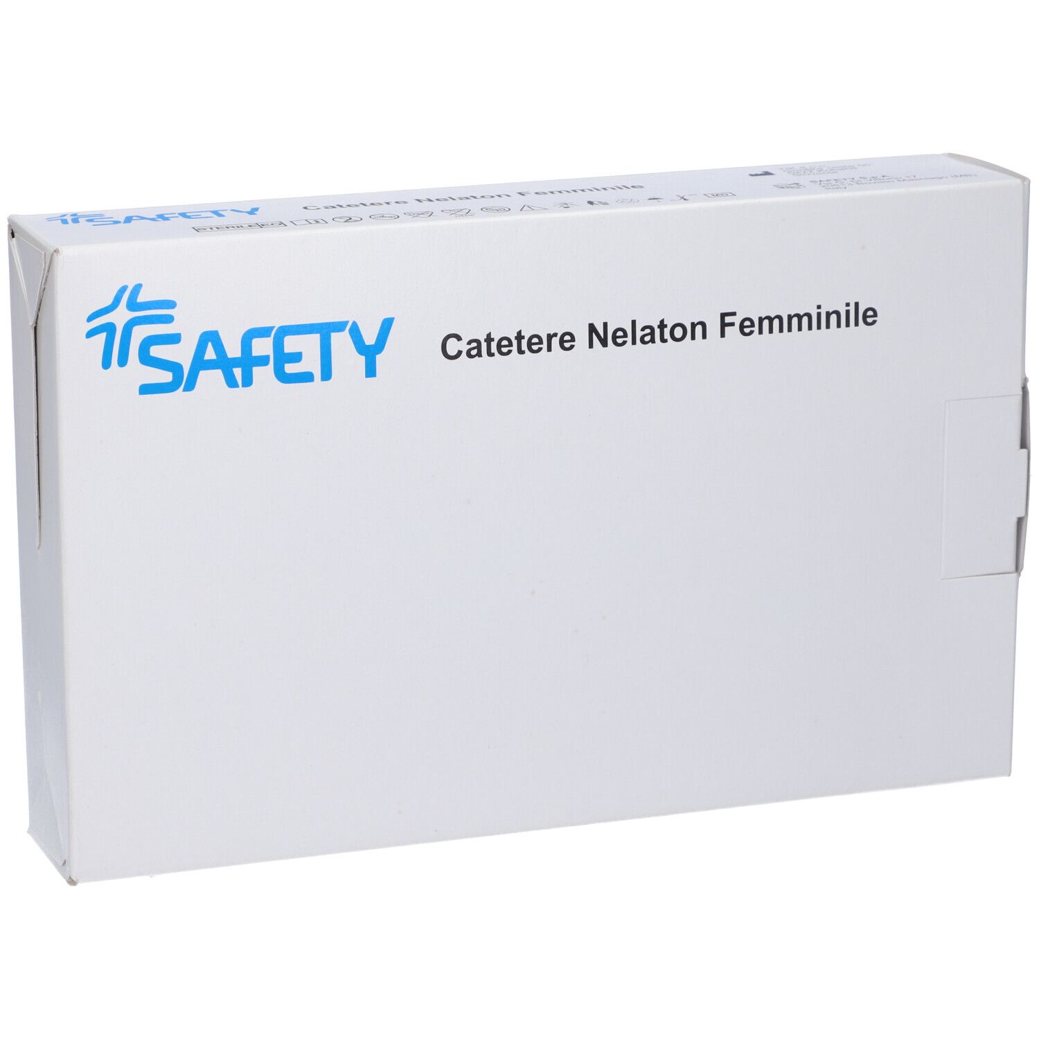 Confezione bianca con logo e testo blu. Scritta: Catetere Nelaton Femminile. Marchio: SAFETY.