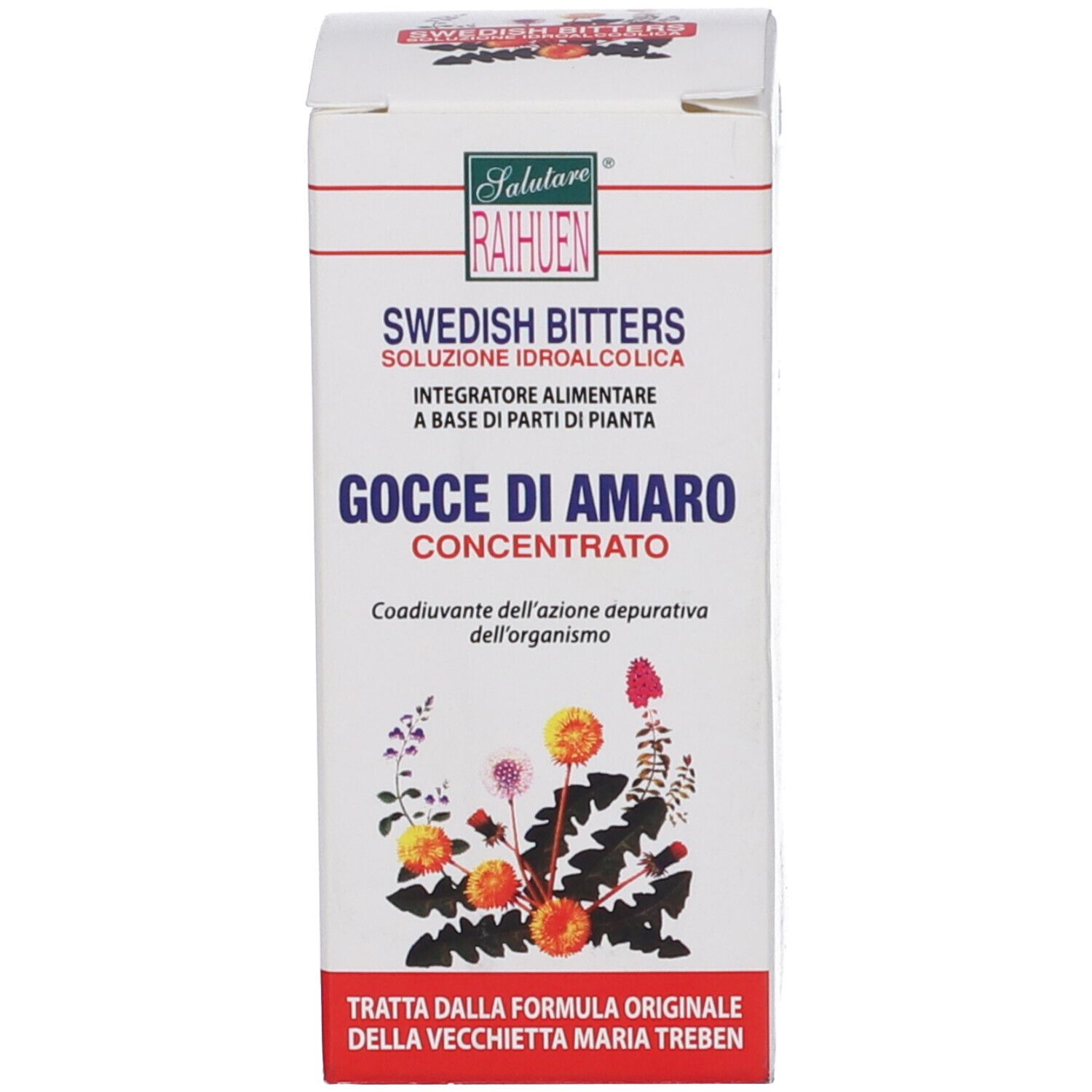 Confezione del prodotto con nome del prodotto e marchio Raihuen. Illustrazione di fiori e foglie.