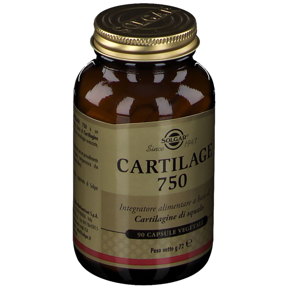 Flacone marrone con tappo dorato. Etichetta con SOLGAR, Cartilage 750 e altre informazioni.