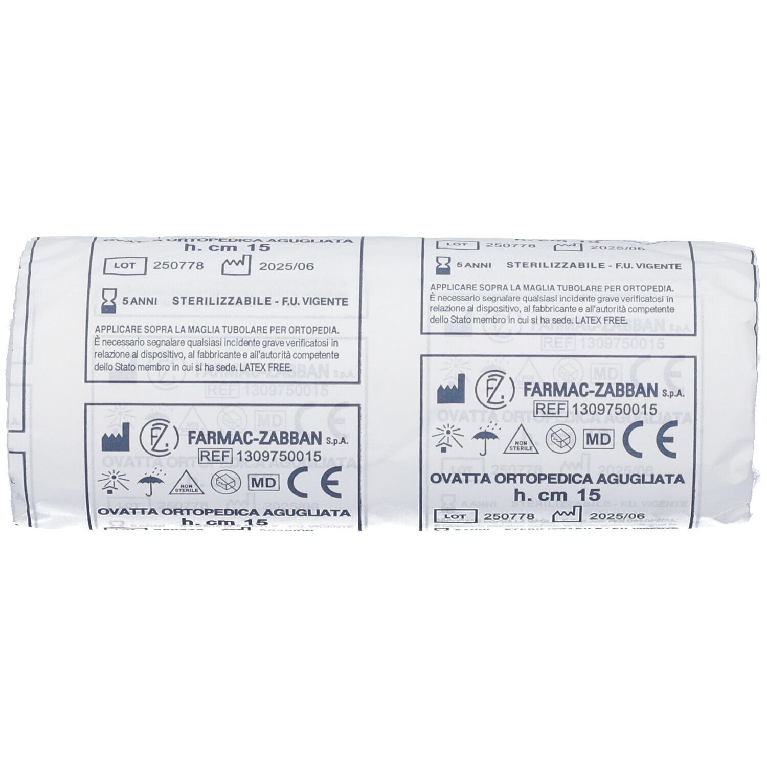Rotolo di ovatta bianca. Confezione con testo e simboli. Scritte: Farmac-Zabban, REF 1309750015, marchio CE.