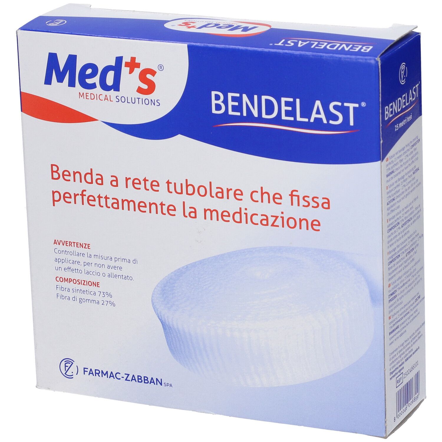 Confezione Bendelast, marchio Med's. Benda a rete tubulare. Composizione: 75% fibra sintetica, 25% gomma.